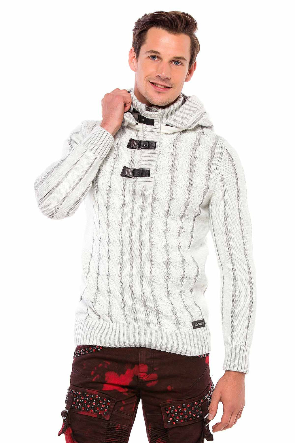 CP214 Plush Hooded Collar Knit Pattern Heavyweight Sweater
