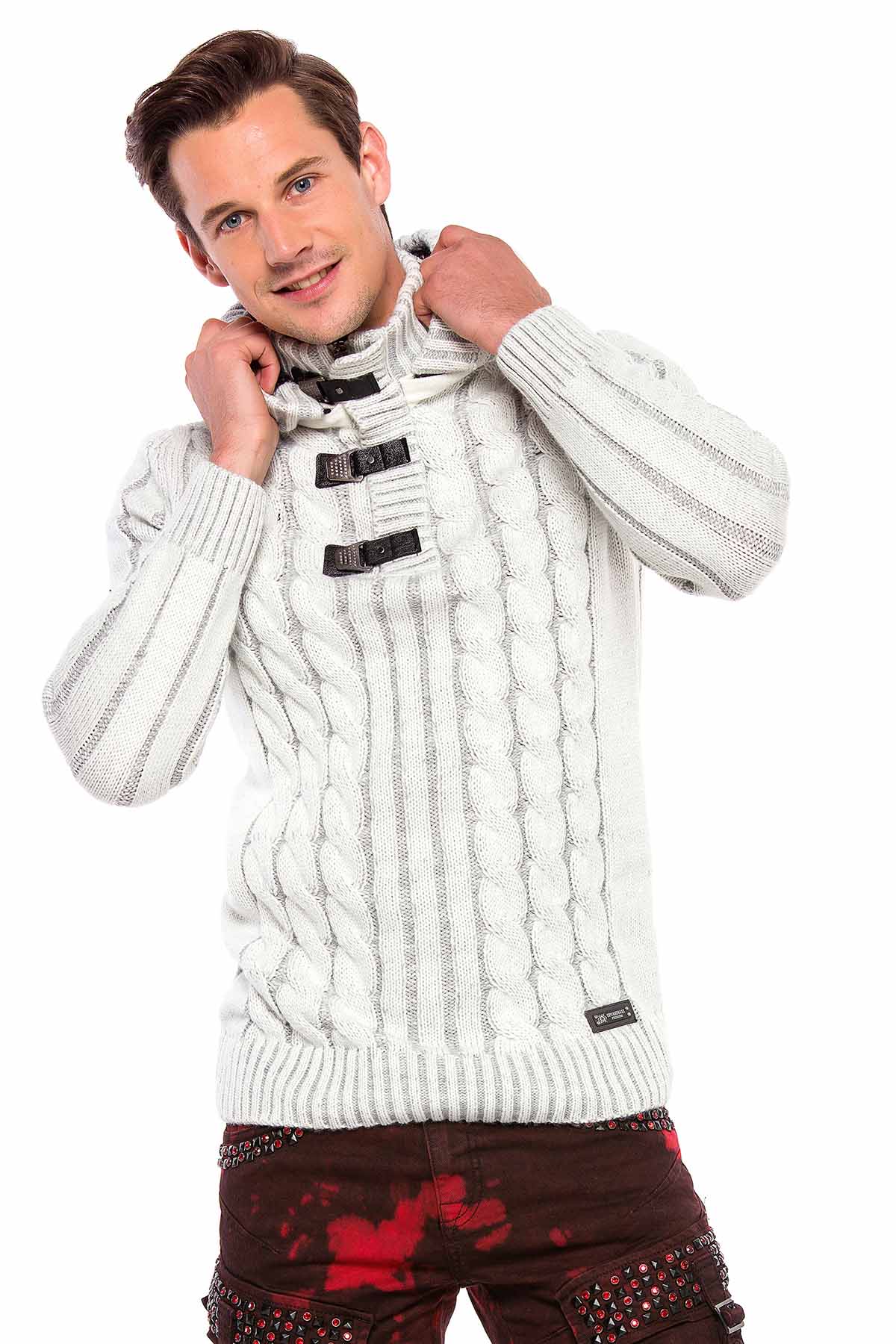 CP214 Plush Hooded Collar Knit Pattern Heavyweight Sweater