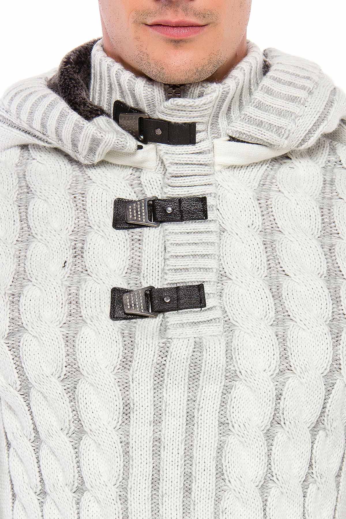 CP214 Plush Hooded Collar Knit Pattern Heavyweight Sweater