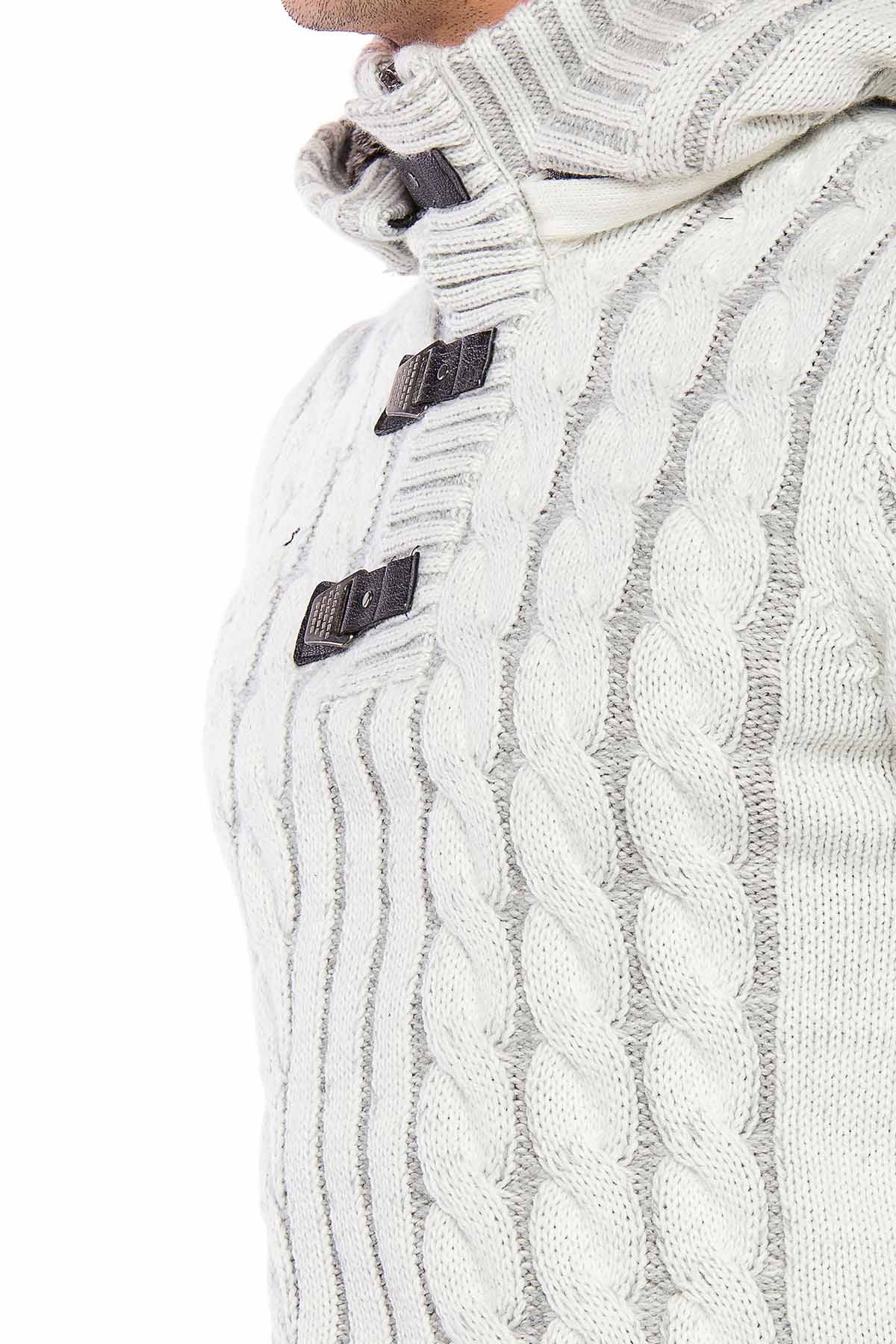 CP214 Plush Hooded Collar Knit Pattern Heavyweight Sweater
