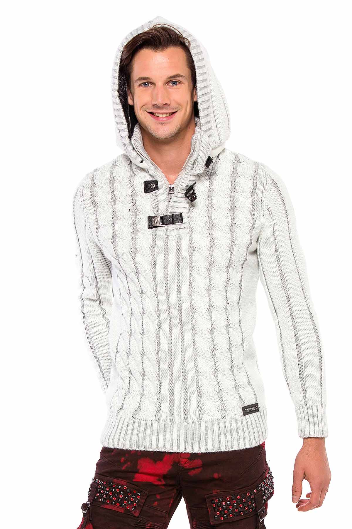 CP214 Plush Hooded Collar Knit Pattern Heavyweight Sweater
