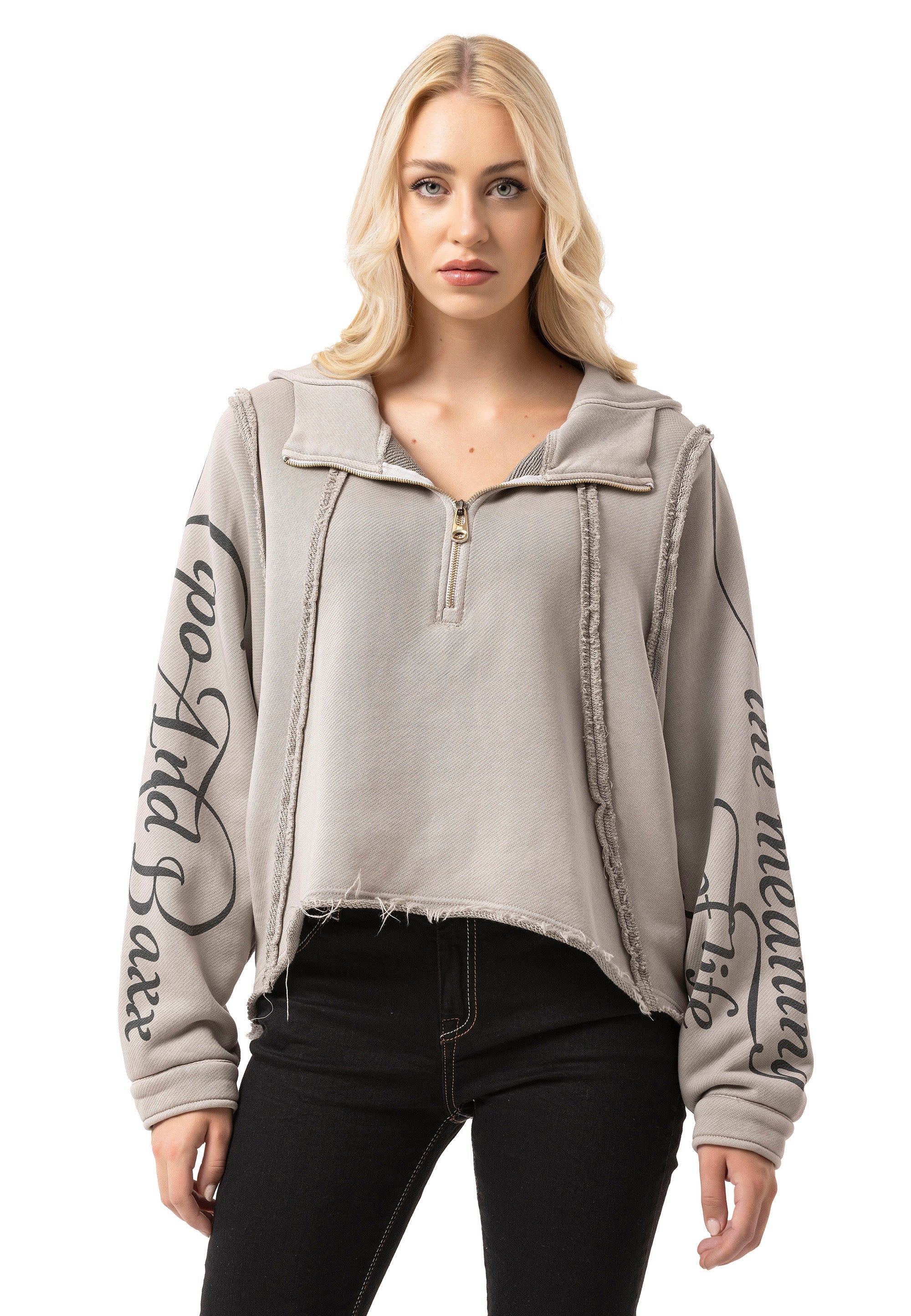 WL380 Women's Crop Oversized Half-Zip Cotton Beige Sweatshirt