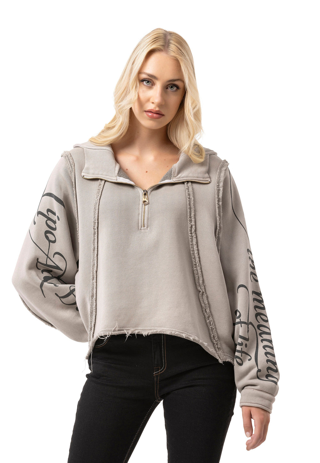 WL380 Women's Crop Oversized Half-Zip Cotton Beige Sweatshirt