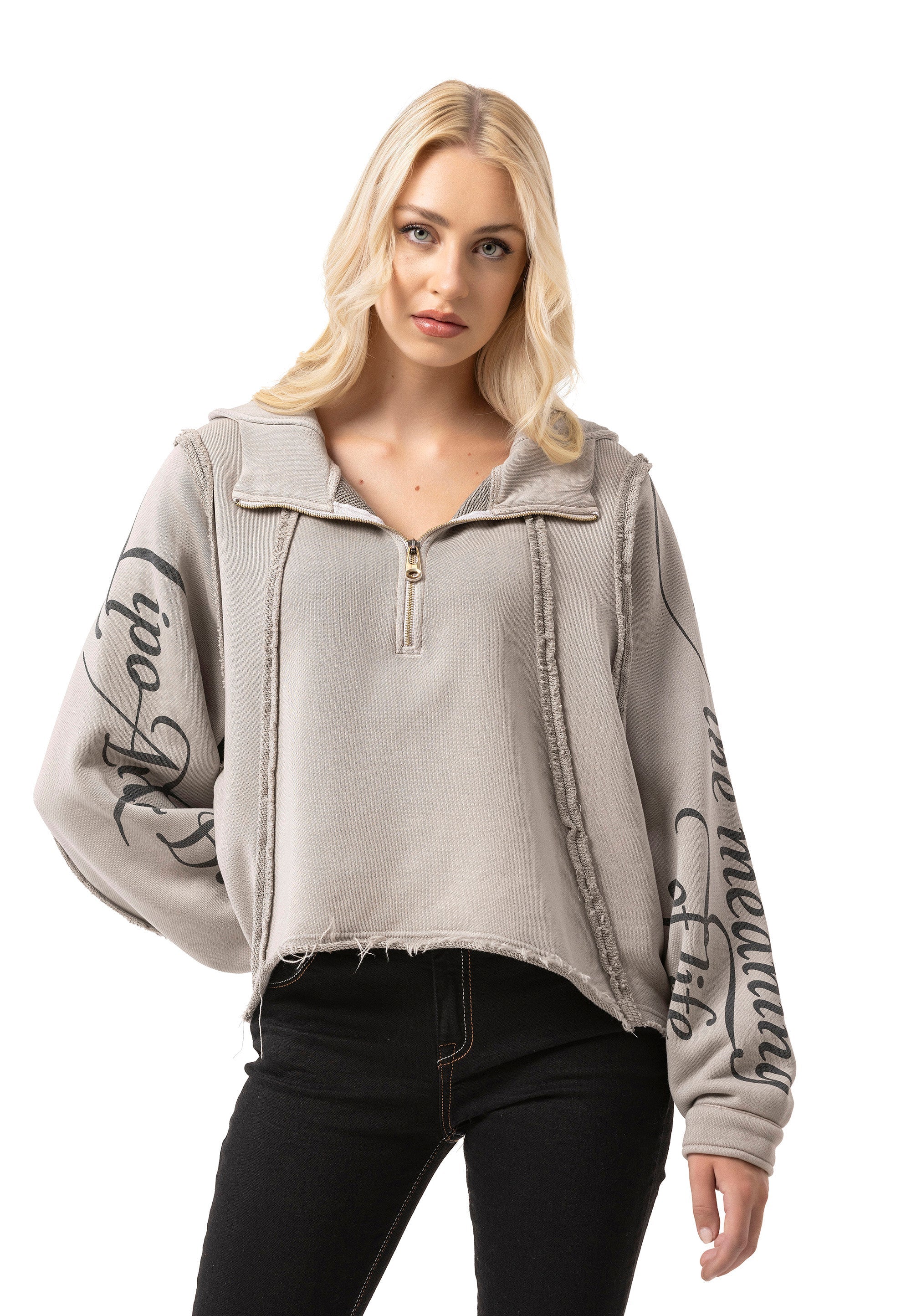 WL380 Women's Crop Oversized Half-Zip Cotton Beige Sweatshirt