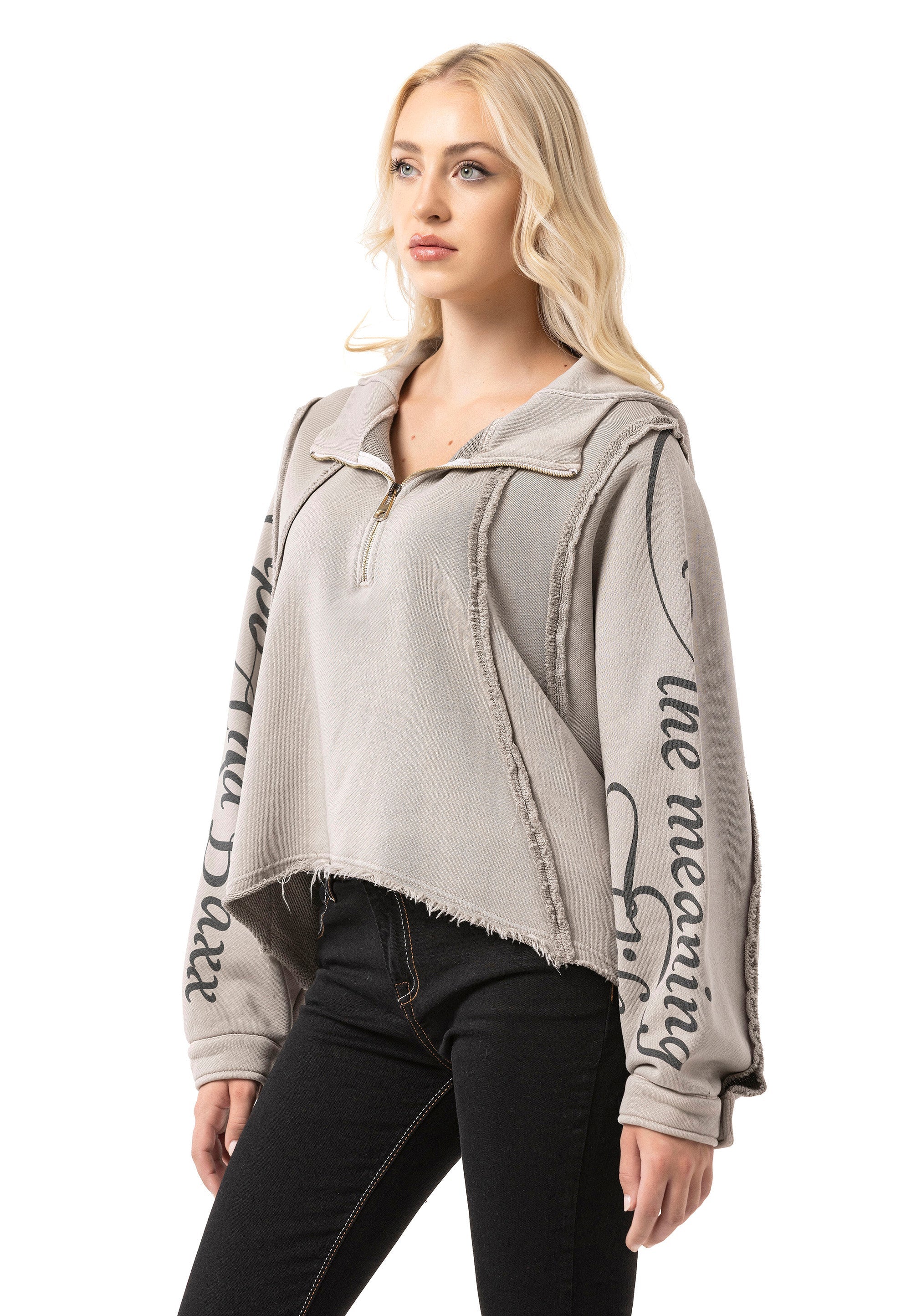 WL380 Women's Crop Oversized Half-Zip Cotton Beige Sweatshirt