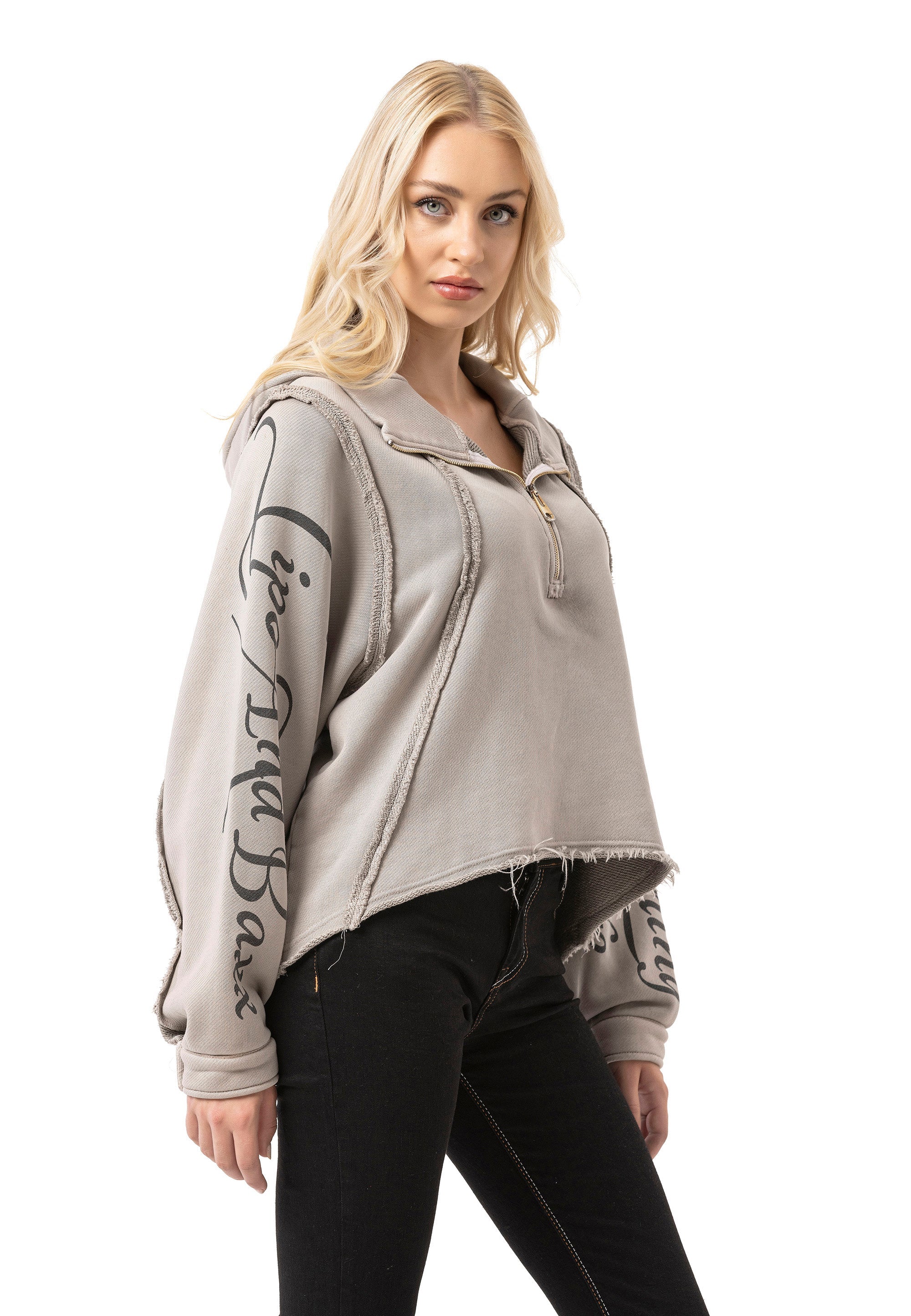 WL380 Women's Crop Oversized Half-Zip Cotton Beige Sweatshirt