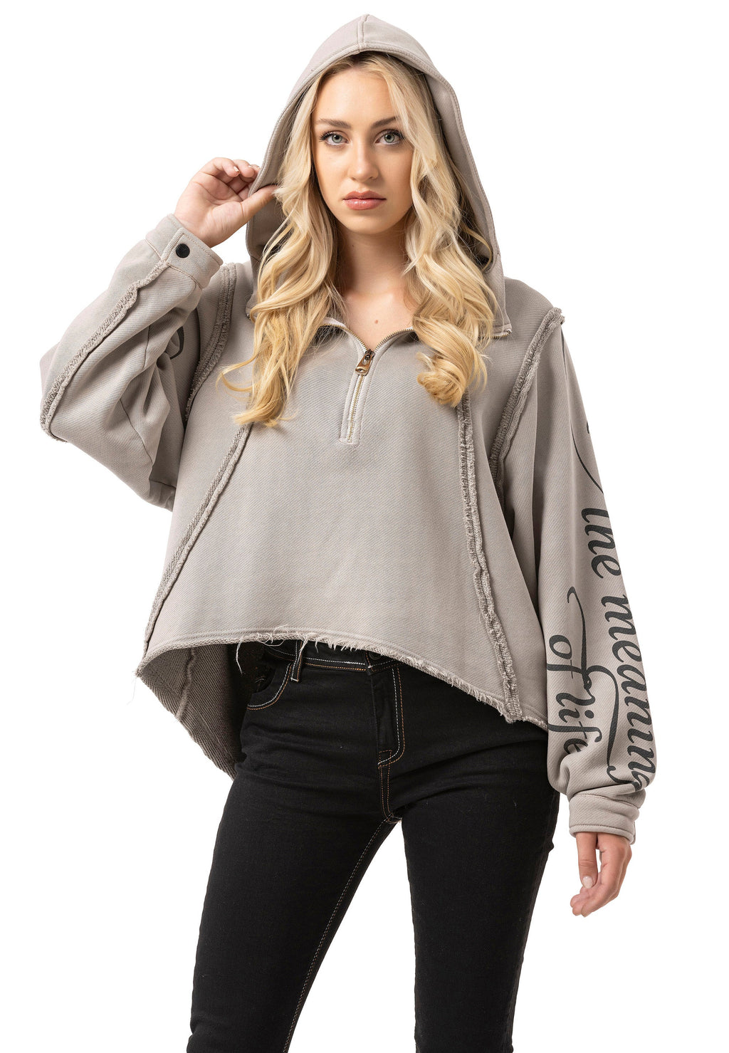 WL380 Women's Crop Oversized Half-Zip Cotton Beige Sweatshirt