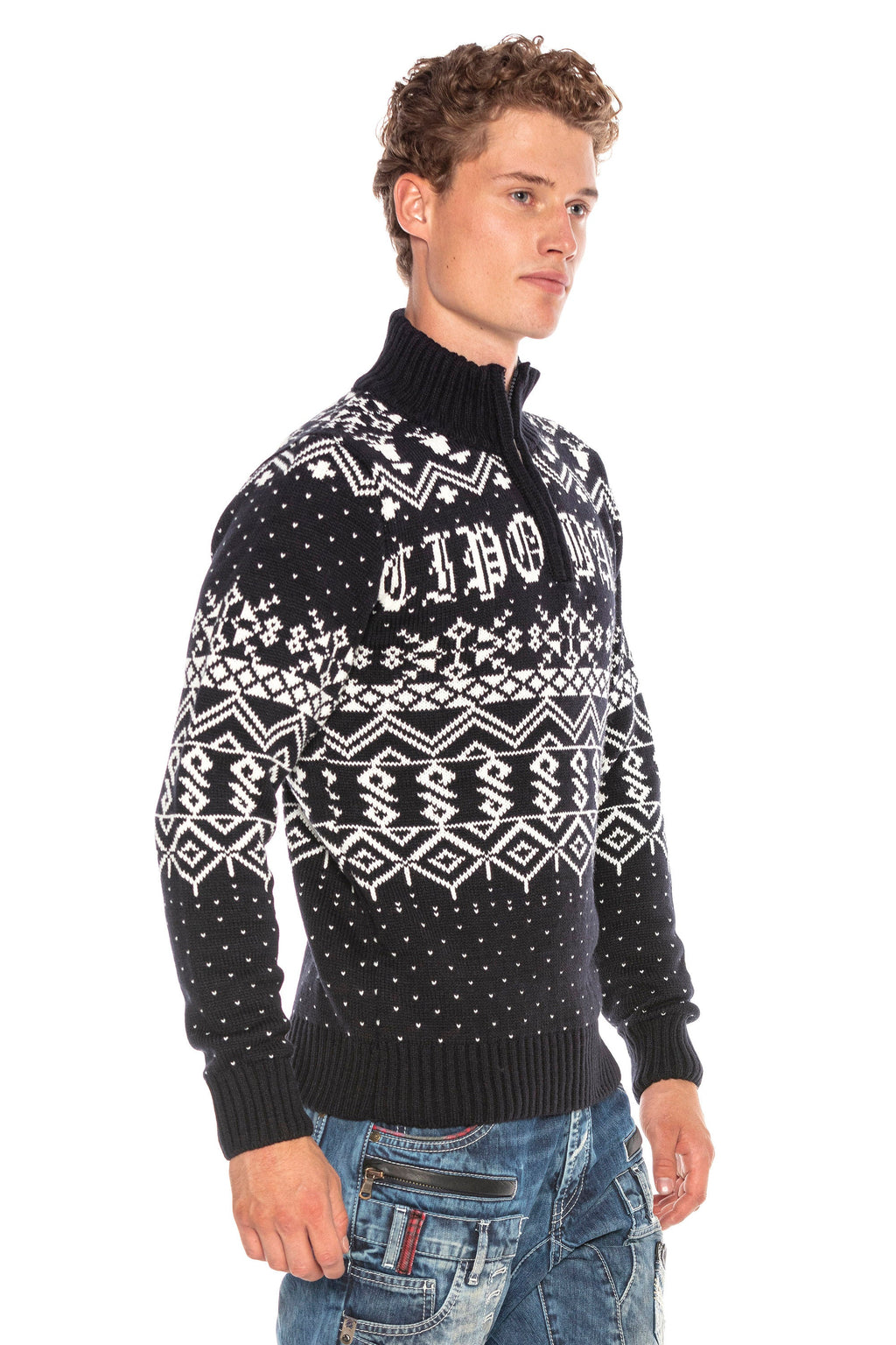 CP233 Stand Collar Zip Patterned Heavyweight Sweater