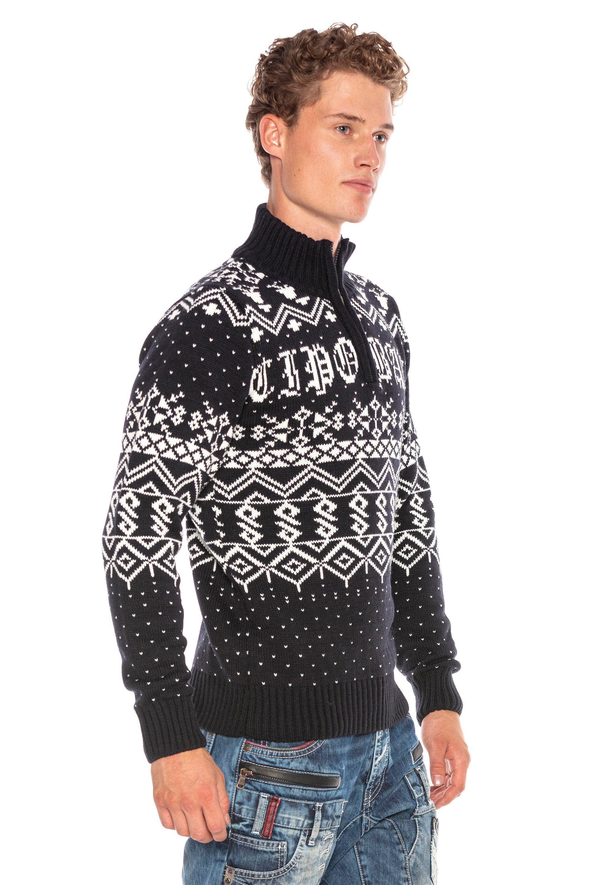 CP233 Stand Collar Zip Patterned Heavyweight Sweater