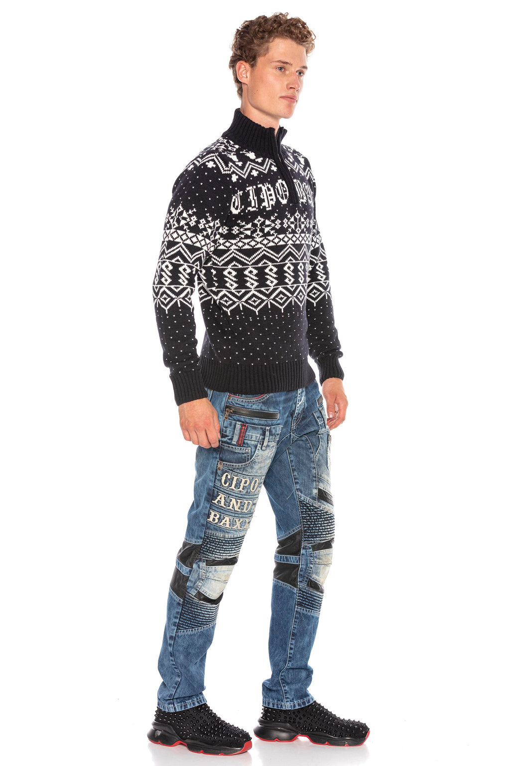CP233 Stand Collar Zip Patterned Heavyweight Sweater