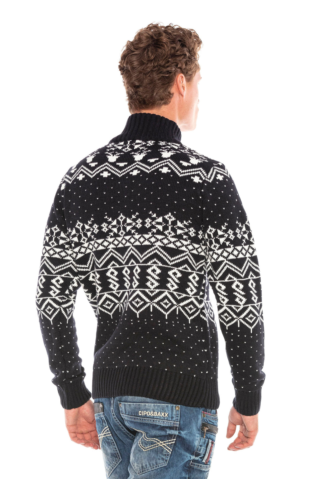 CP233 Stand Collar Zip Patterned Heavyweight Sweater
