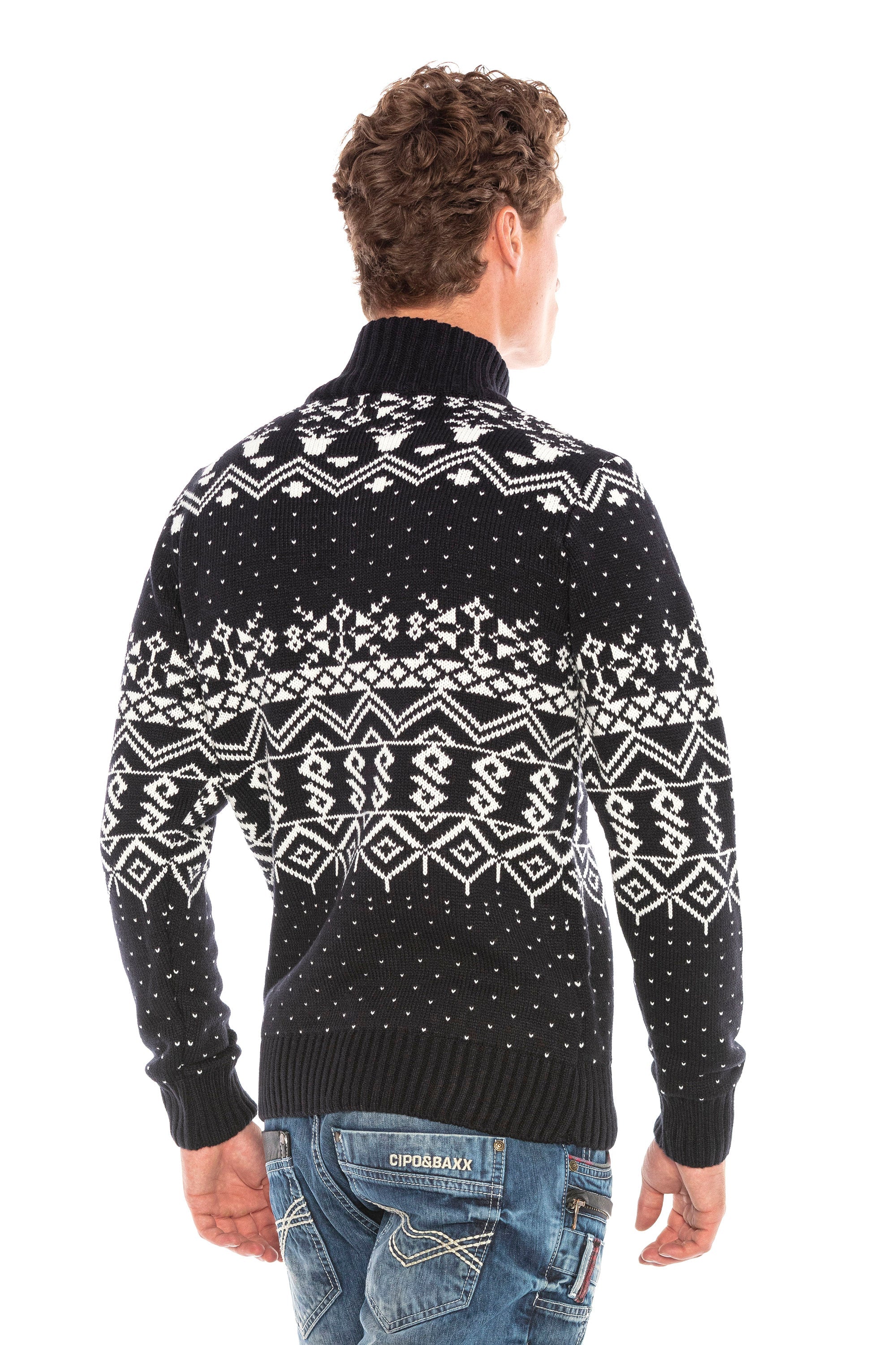 CP233 Stand Collar Zip Patterned Heavyweight Sweater