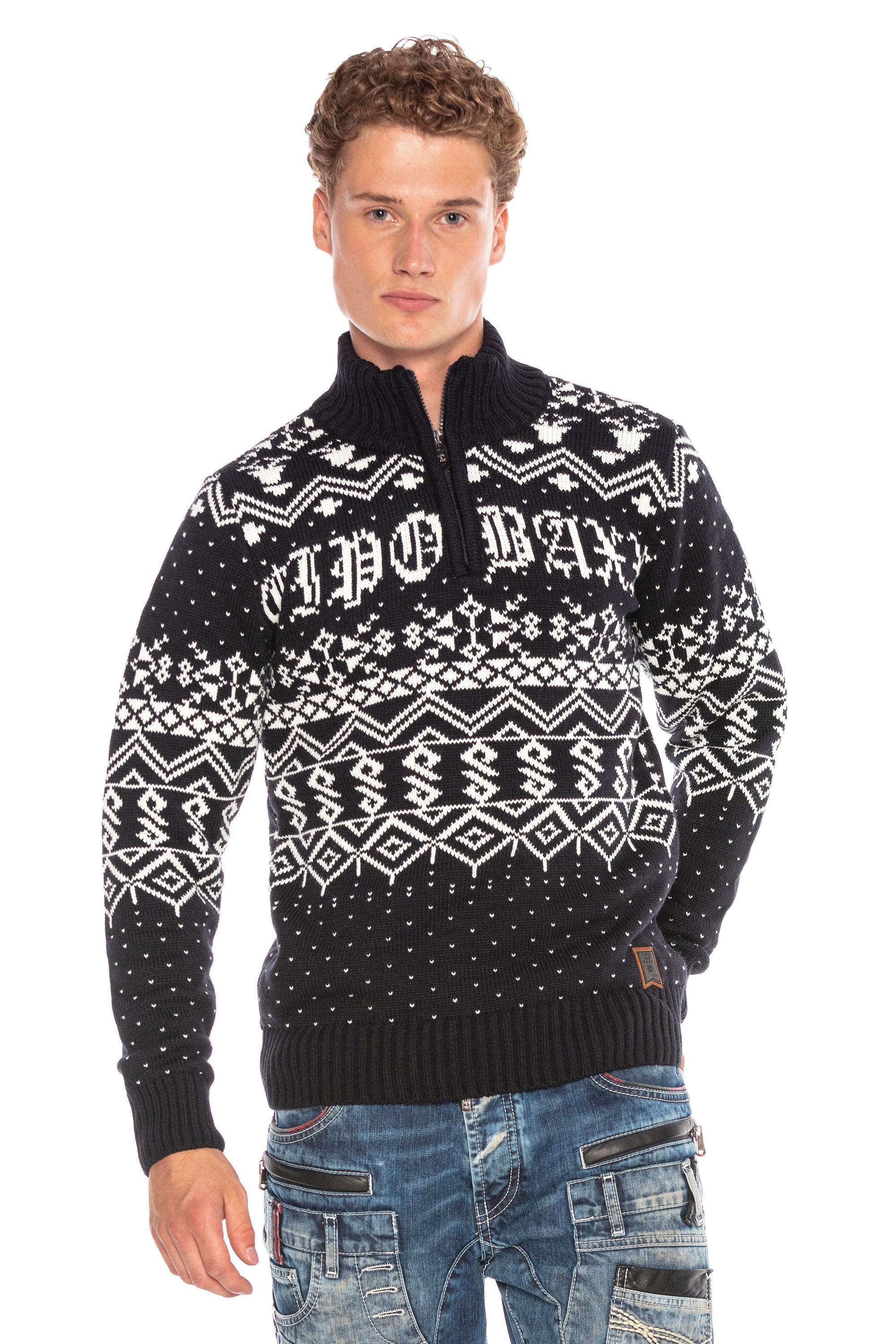 CP233 Stand Collar Zip Patterned Heavyweight Sweater