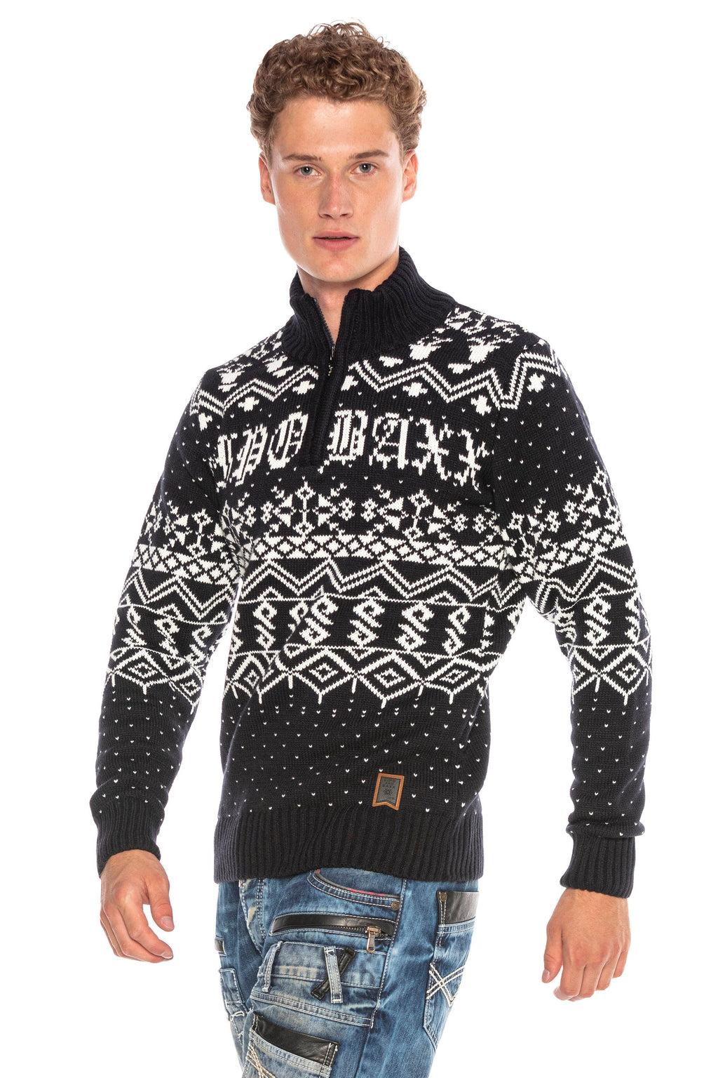 CP233 Stand Collar Zip Patterned Heavyweight Sweater
