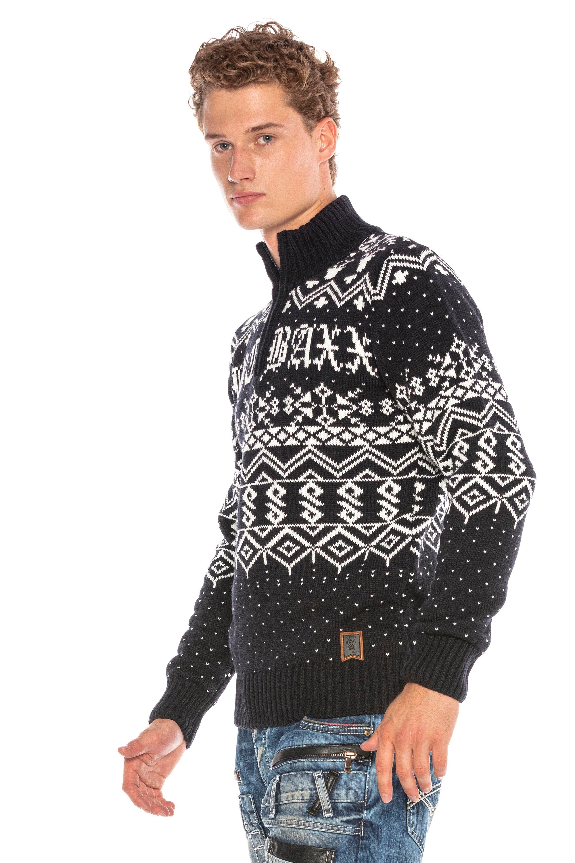 CP233 Stand Collar Zip Patterned Heavyweight Sweater