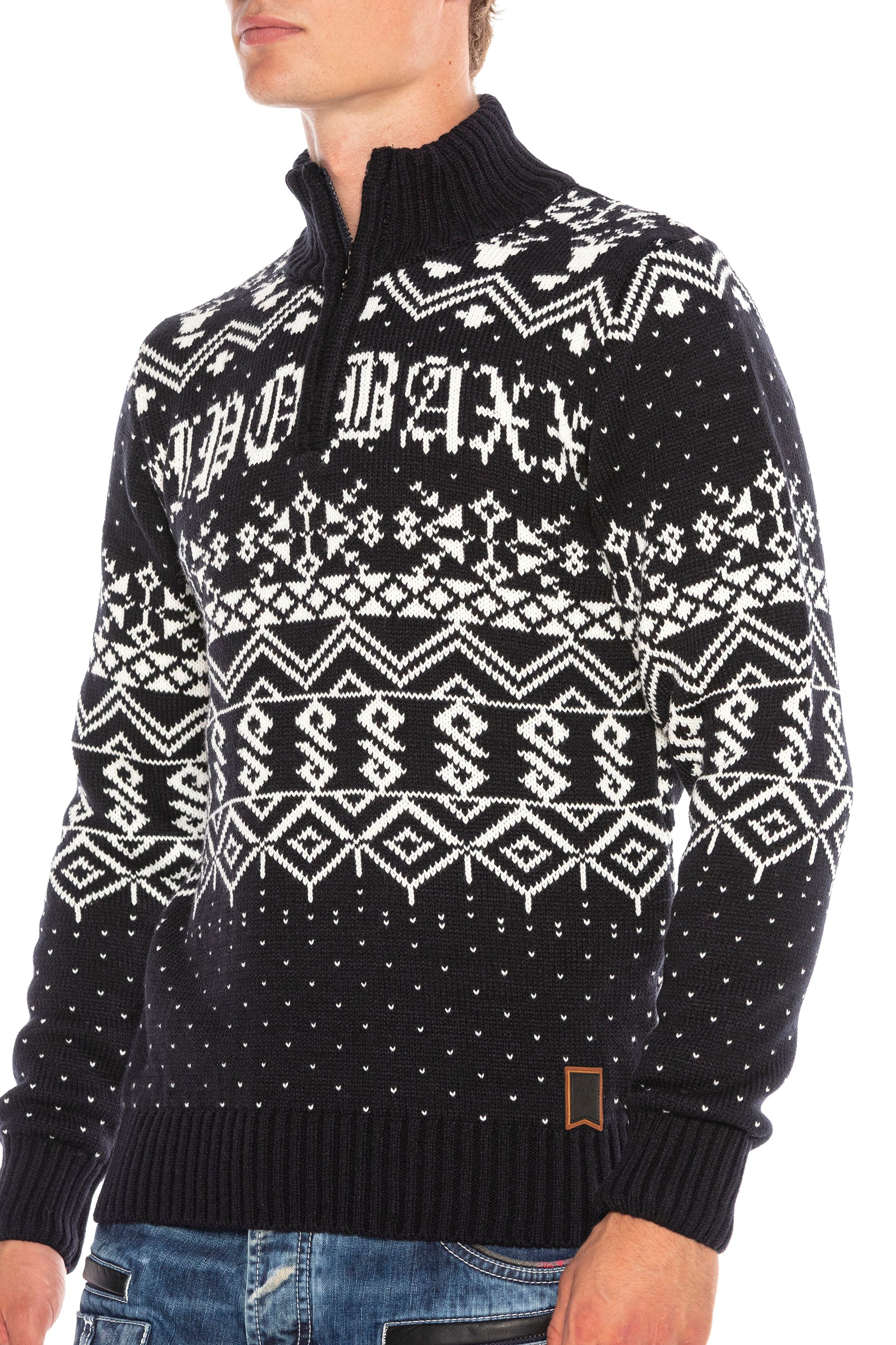 CP233 Stand Collar Zip Patterned Heavyweight Sweater