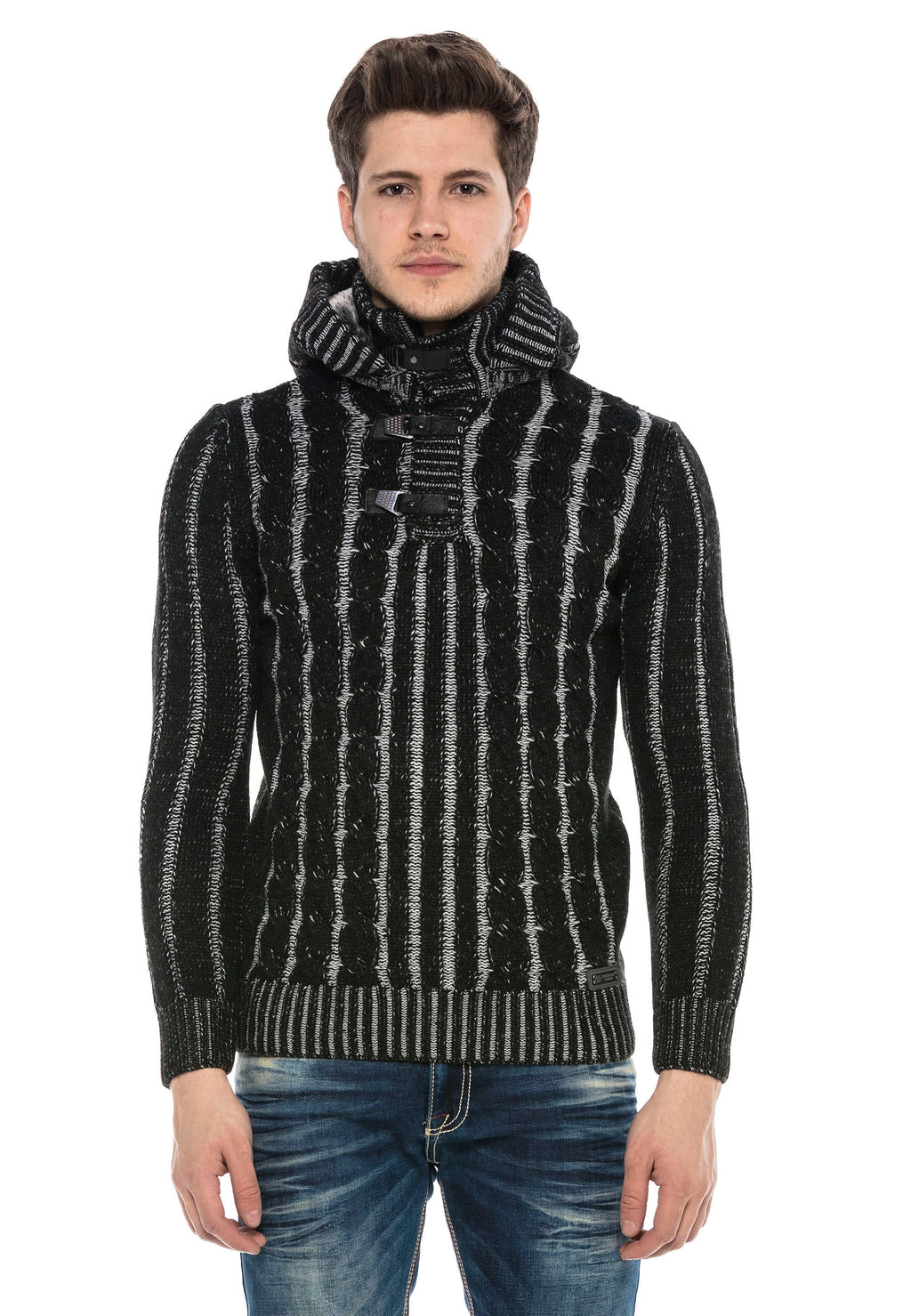 CP214 Plush Hooded Collar Knit Pattern Heavyweight Sweater