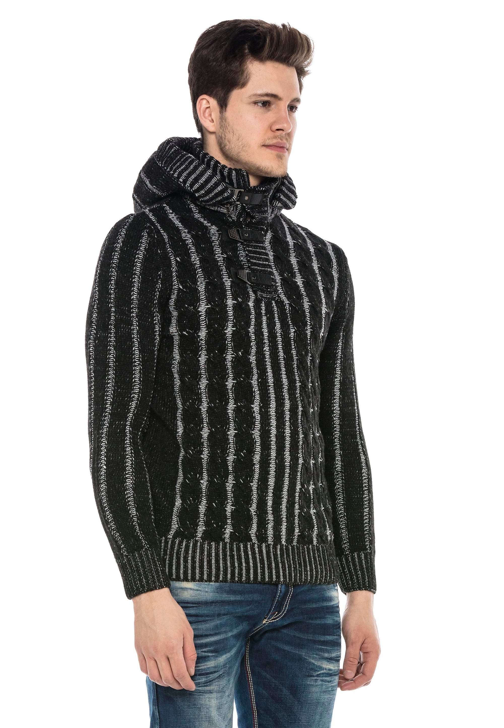 CP214 Plush Hooded Collar Knit Pattern Heavyweight Sweater