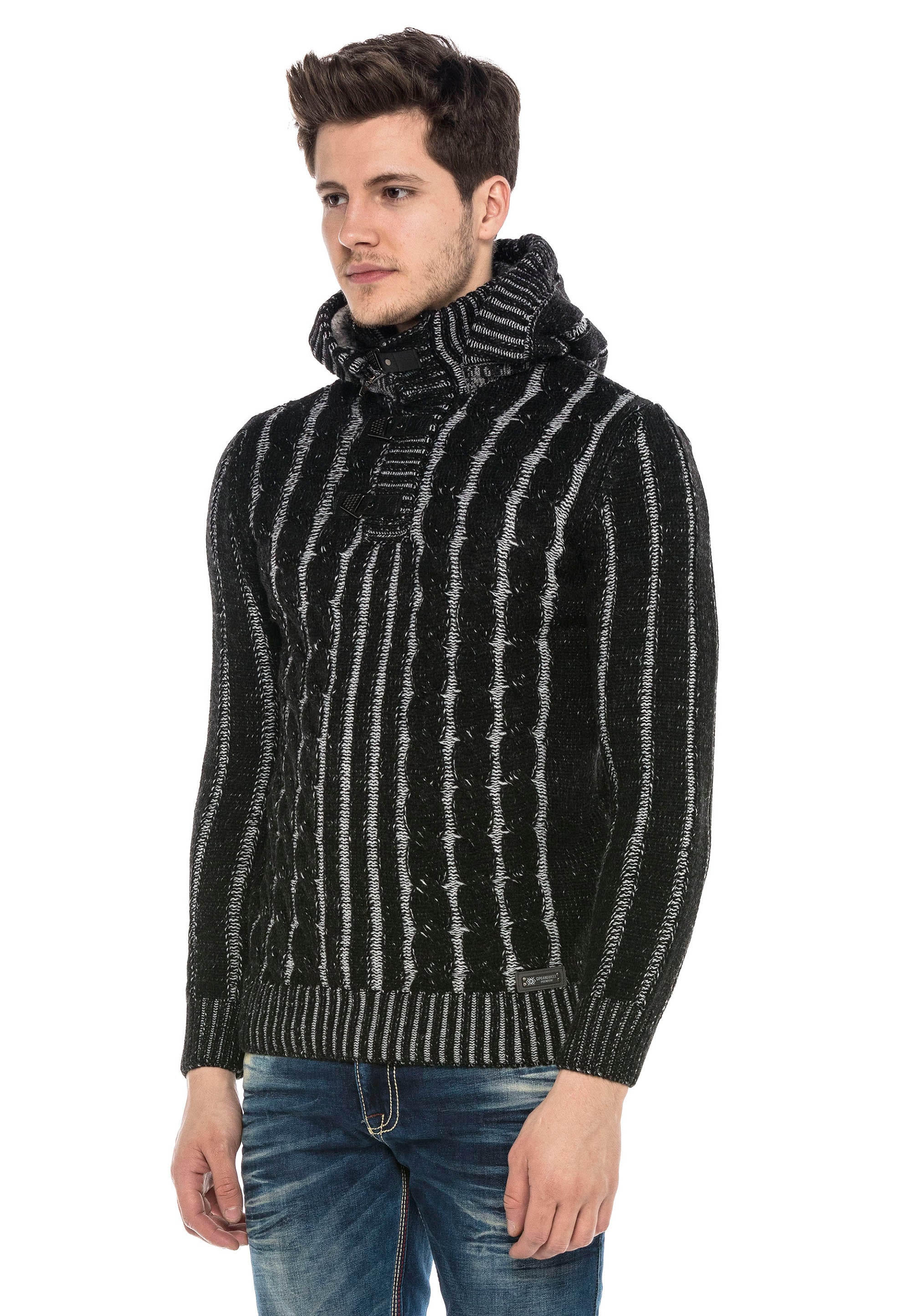 CP214 Plush Hooded Collar Knit Pattern Heavyweight Sweater