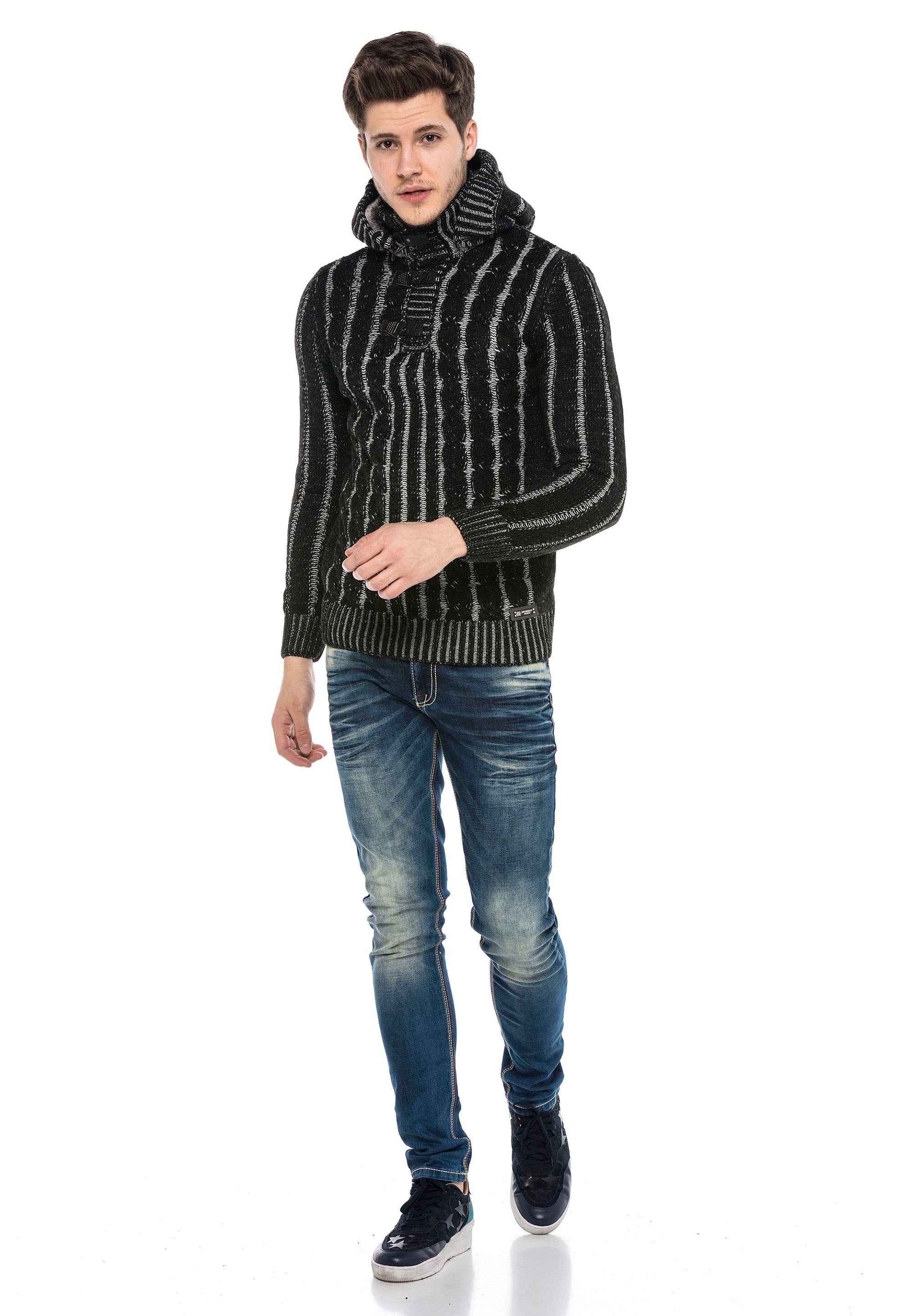 CP214 Plush Hooded Collar Knit Pattern Heavyweight Sweater