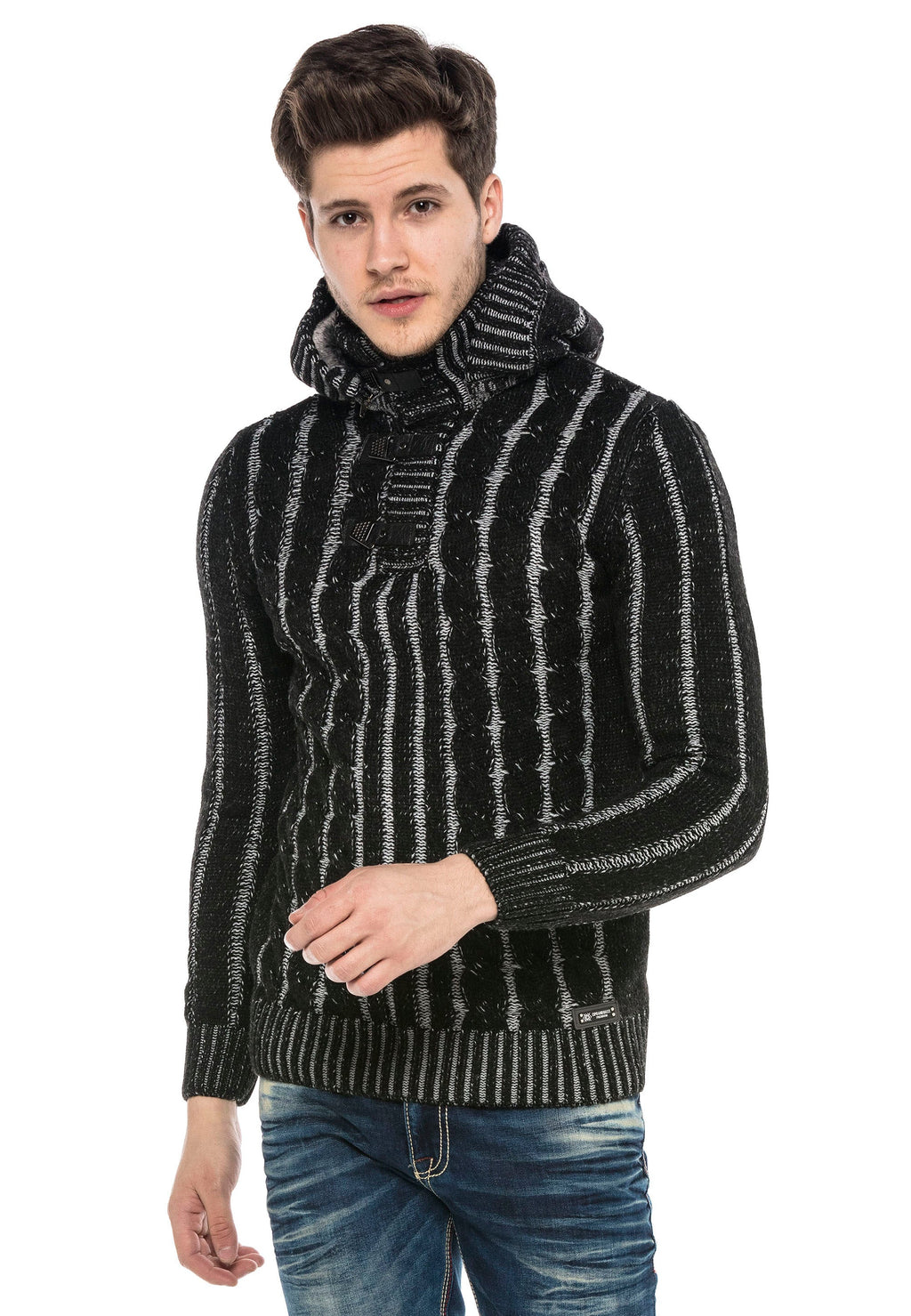CP214 Plush Hooded Collar Knit Pattern Heavyweight Sweater