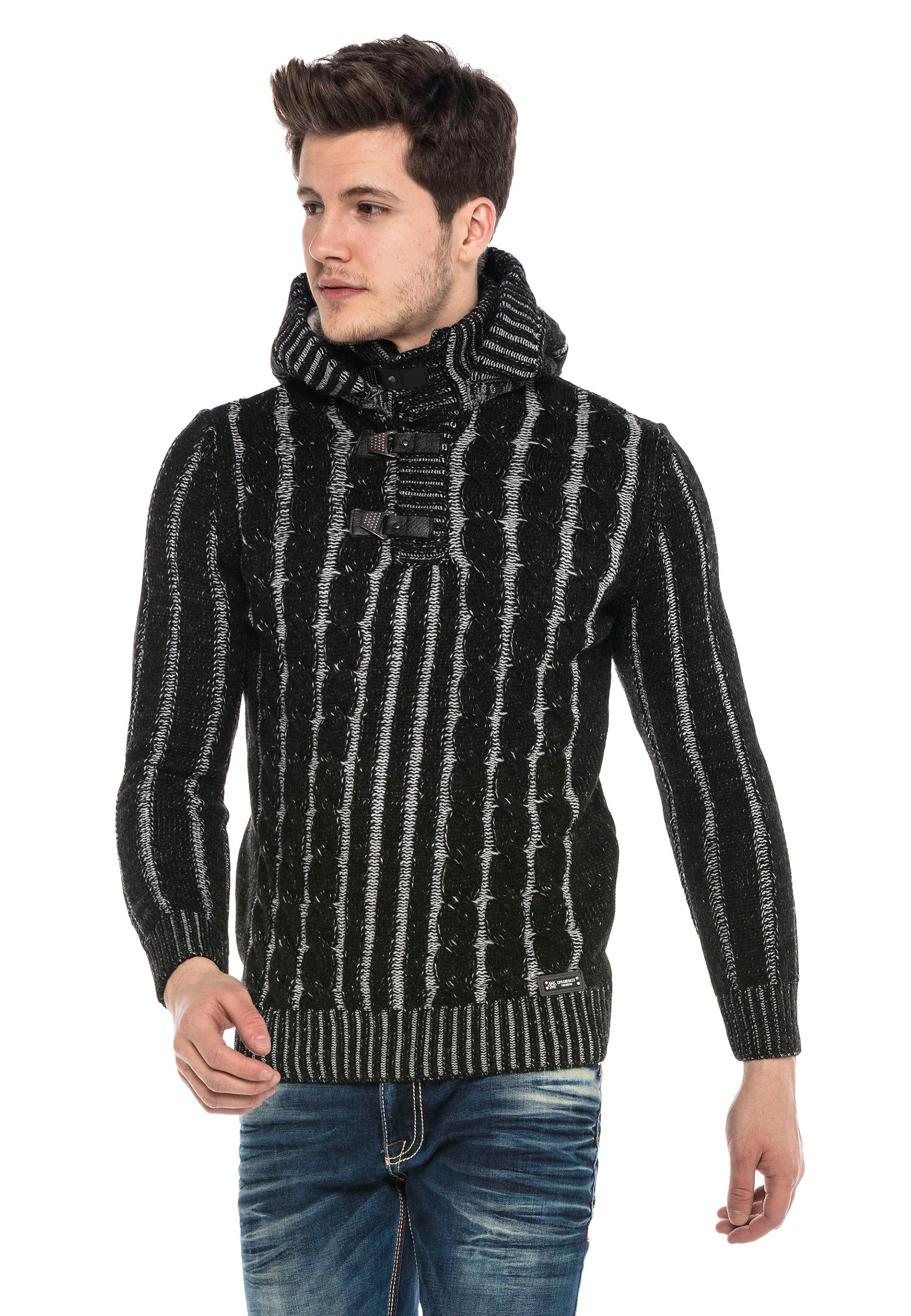 CP214 Plush Hooded Collar Knit Pattern Heavyweight Sweater