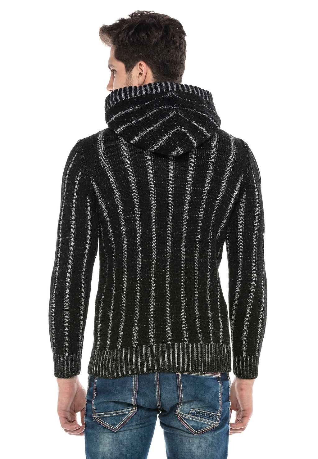 CP214 Plush Hooded Collar Knit Pattern Heavyweight Sweater