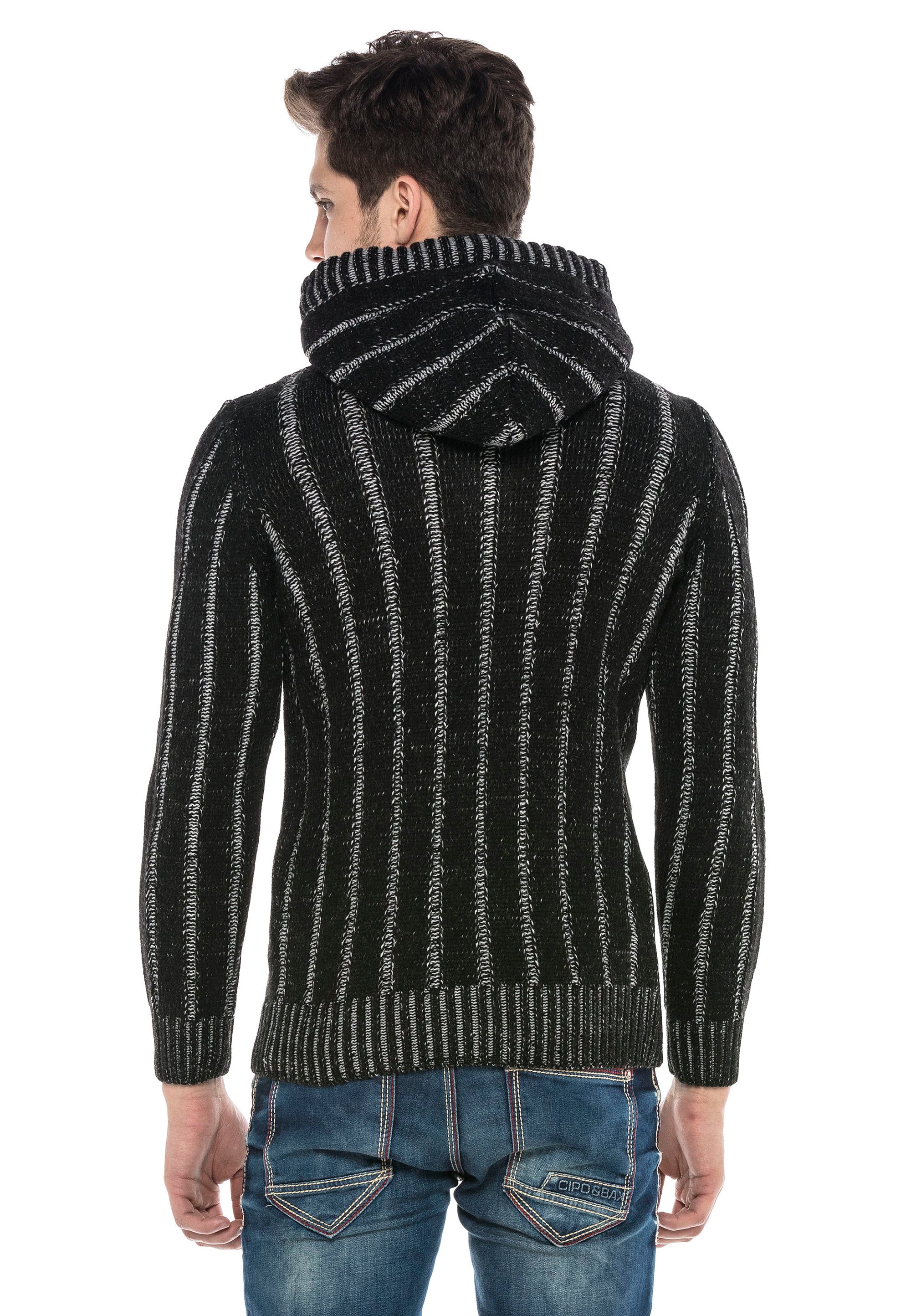 CP214 Plush Hooded Collar Knit Pattern Heavyweight Sweater