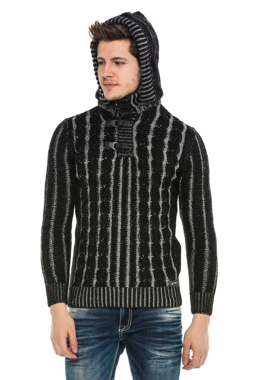 CP214 Plush Hooded Collar Knit Pattern Heavyweight Sweater