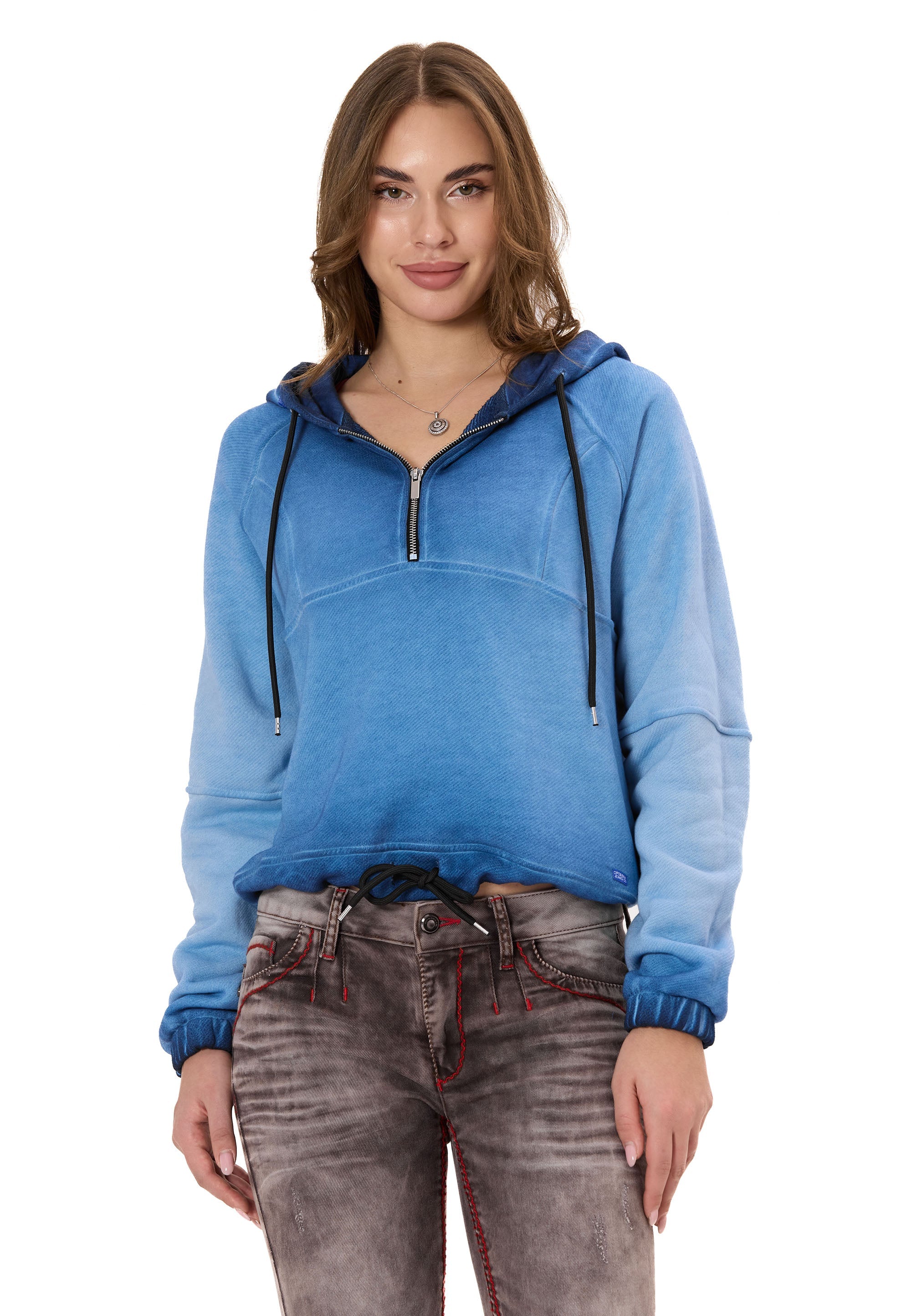 WL373 Women's Crop Oversized Hooded Washed Half-Zip Sweatshirt
