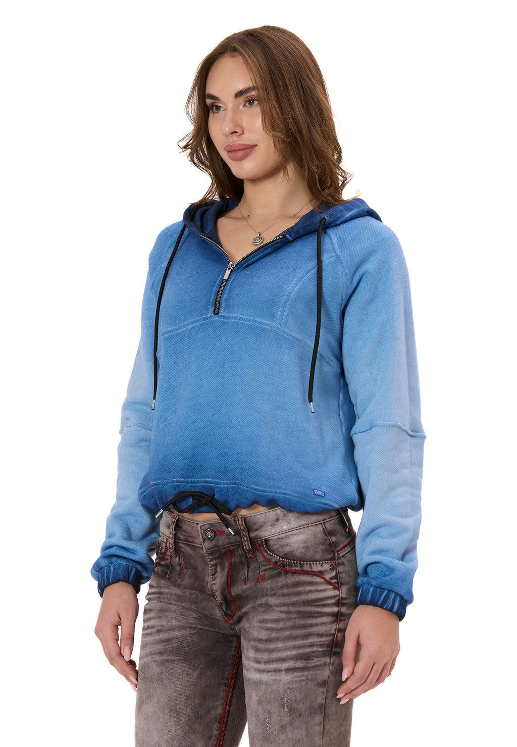 WL373 Women's Crop Oversized Hooded Washed Half-Zip Sweatshirt
