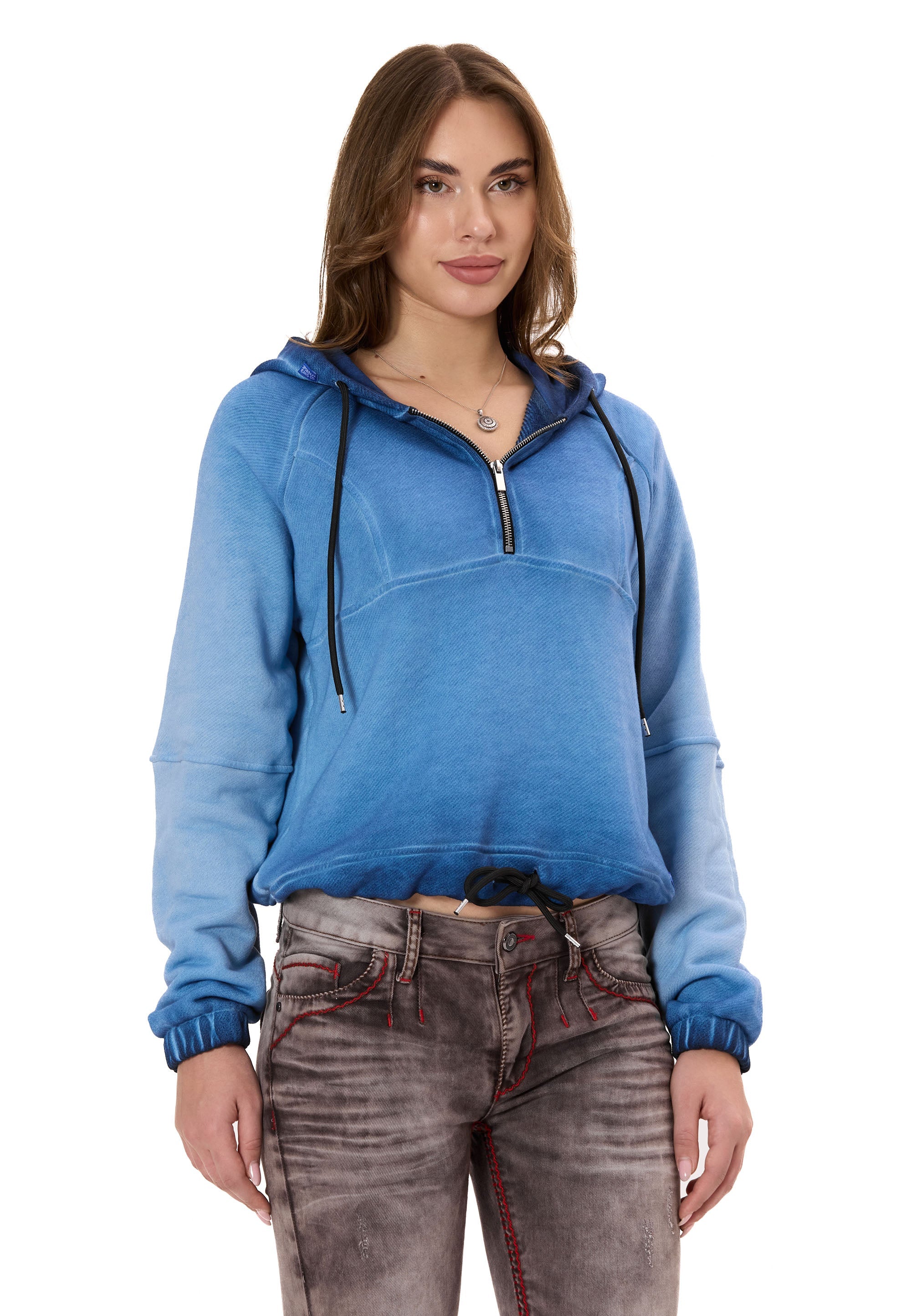 WL373 Women's Crop Oversized Hooded Washed Half-Zip Sweatshirt