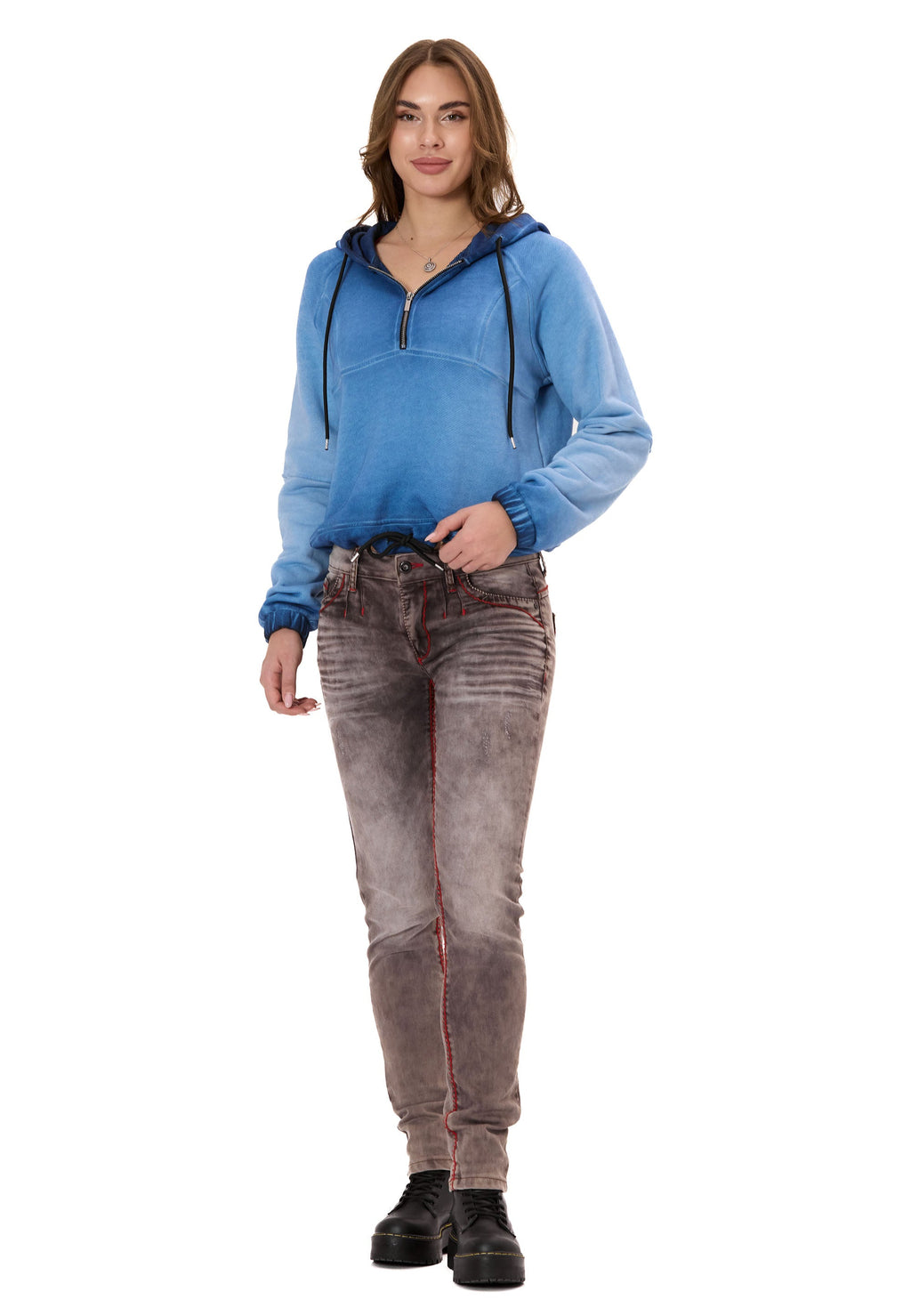 WL373 Women's Crop Oversized Hooded Washed Half-Zip Sweatshirt