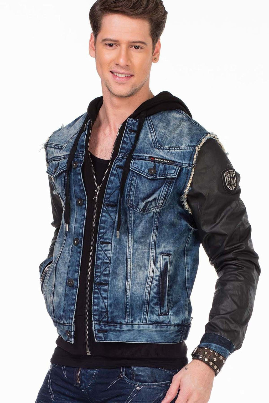 C-1290 Leather Sleeve Hooded Denim Jacket