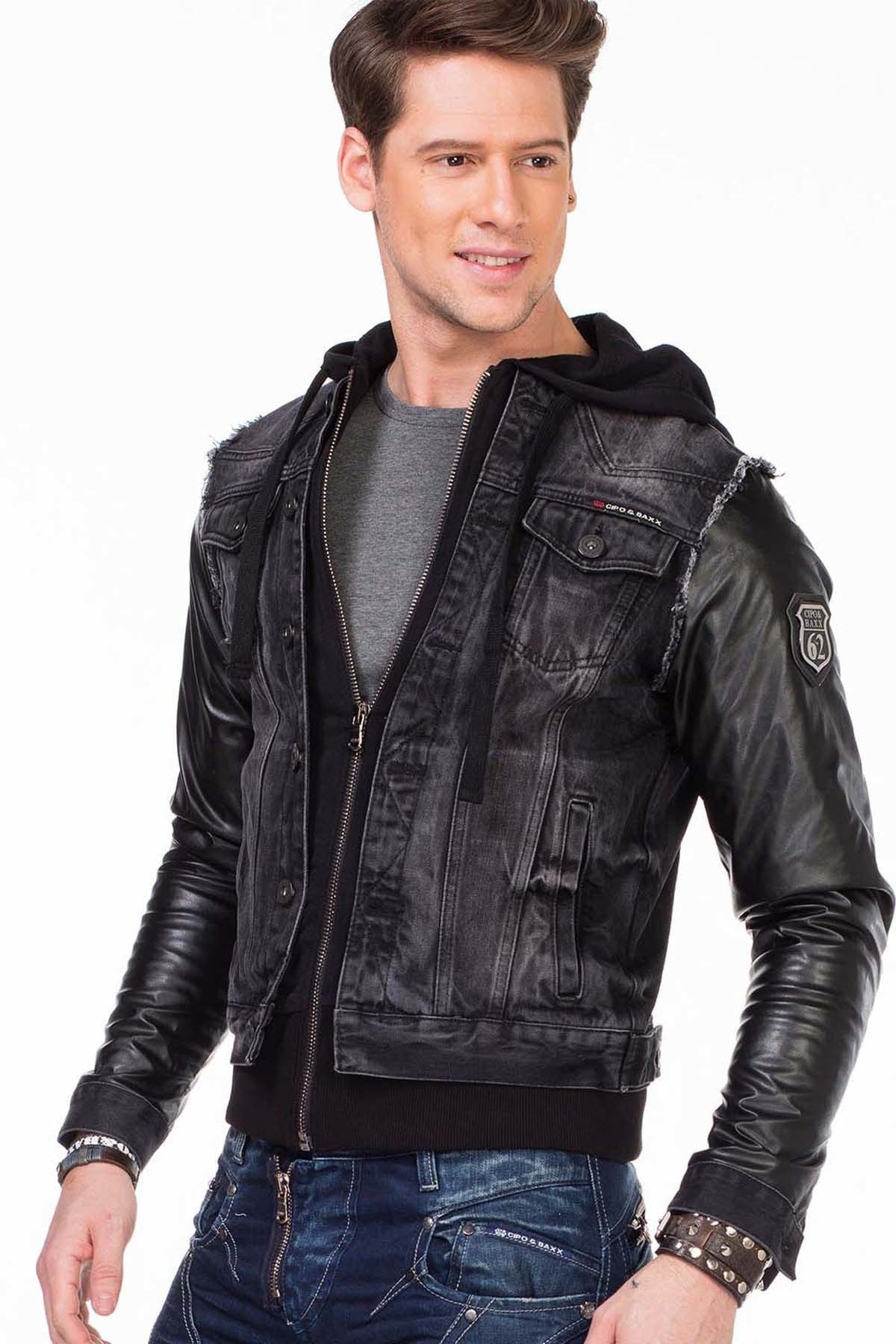C-1290 Leather Sleeve Hooded Denim Jacket