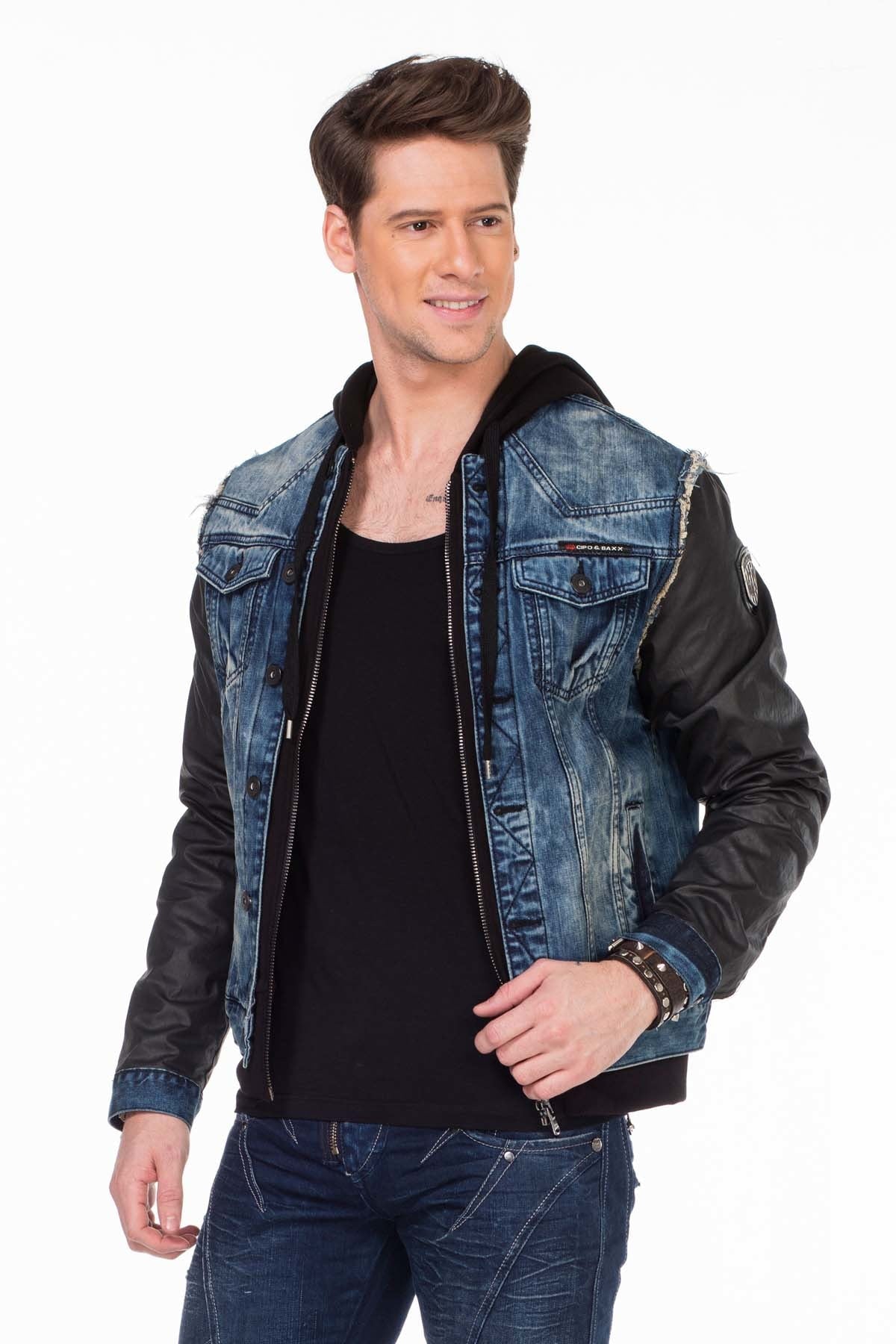 C-1290 Leather Sleeve Hooded Denim Jacket