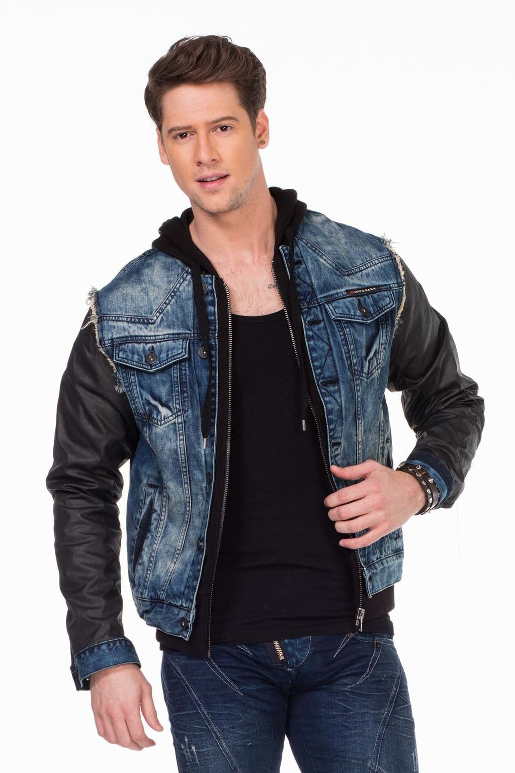 C-1290 Leather Sleeve Hooded Denim Jacket