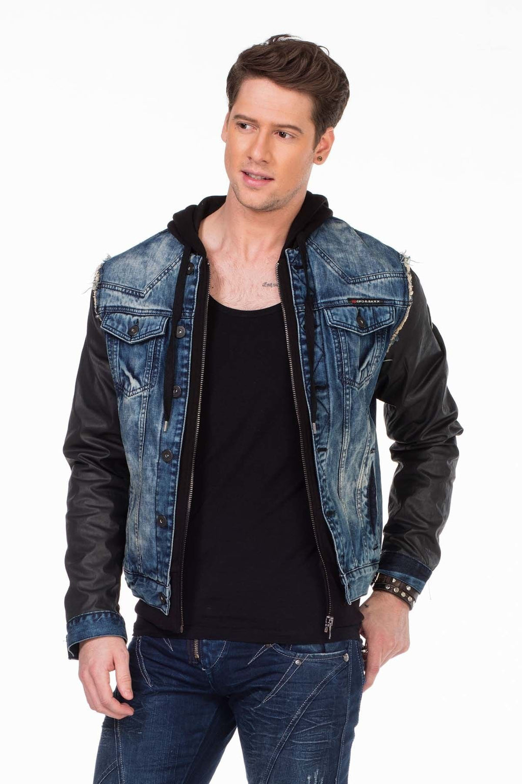 C-1290 Leather Sleeve Hooded Denim Jacket