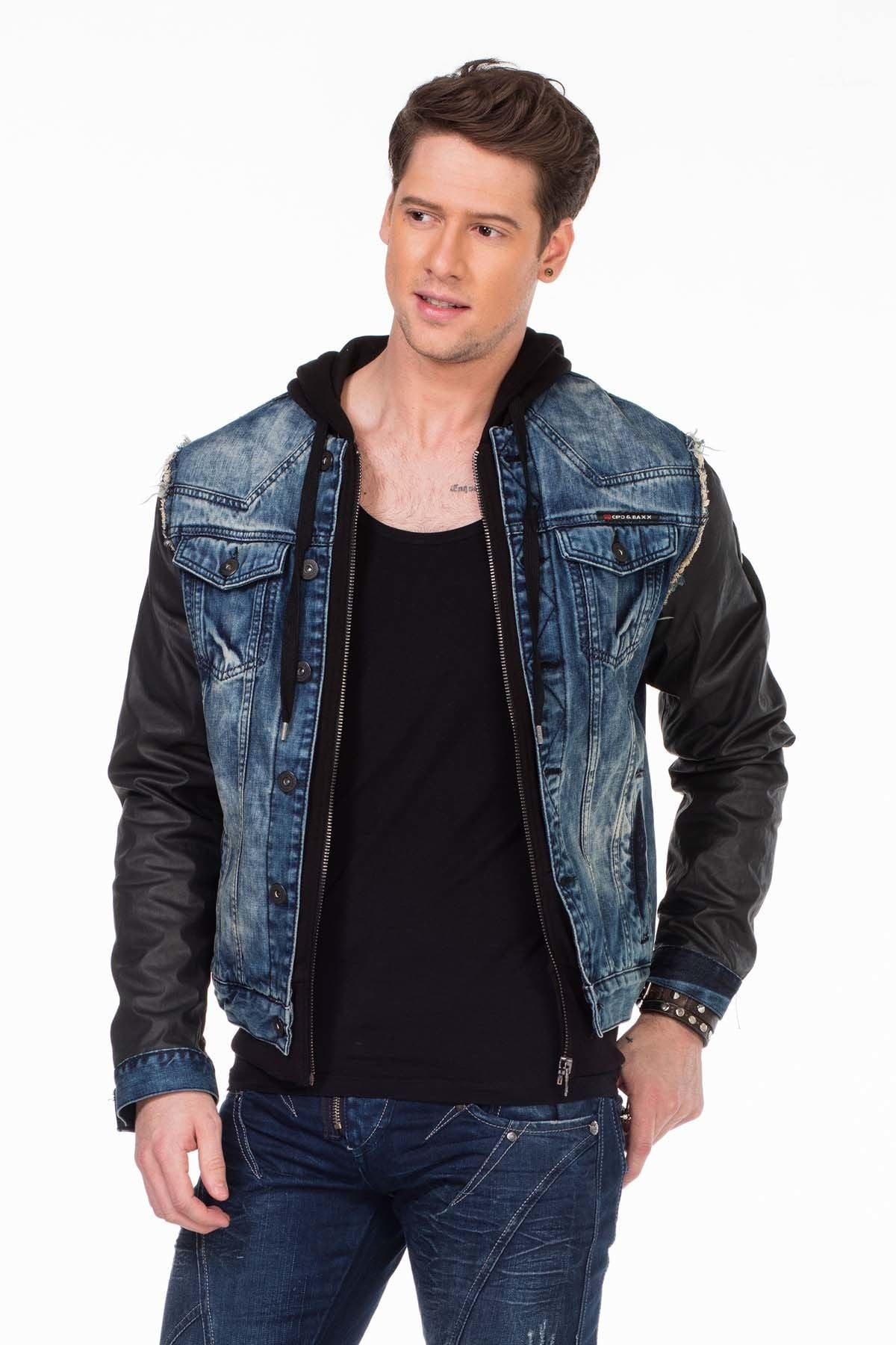 C-1290 Leather Sleeve Hooded Denim Jacket