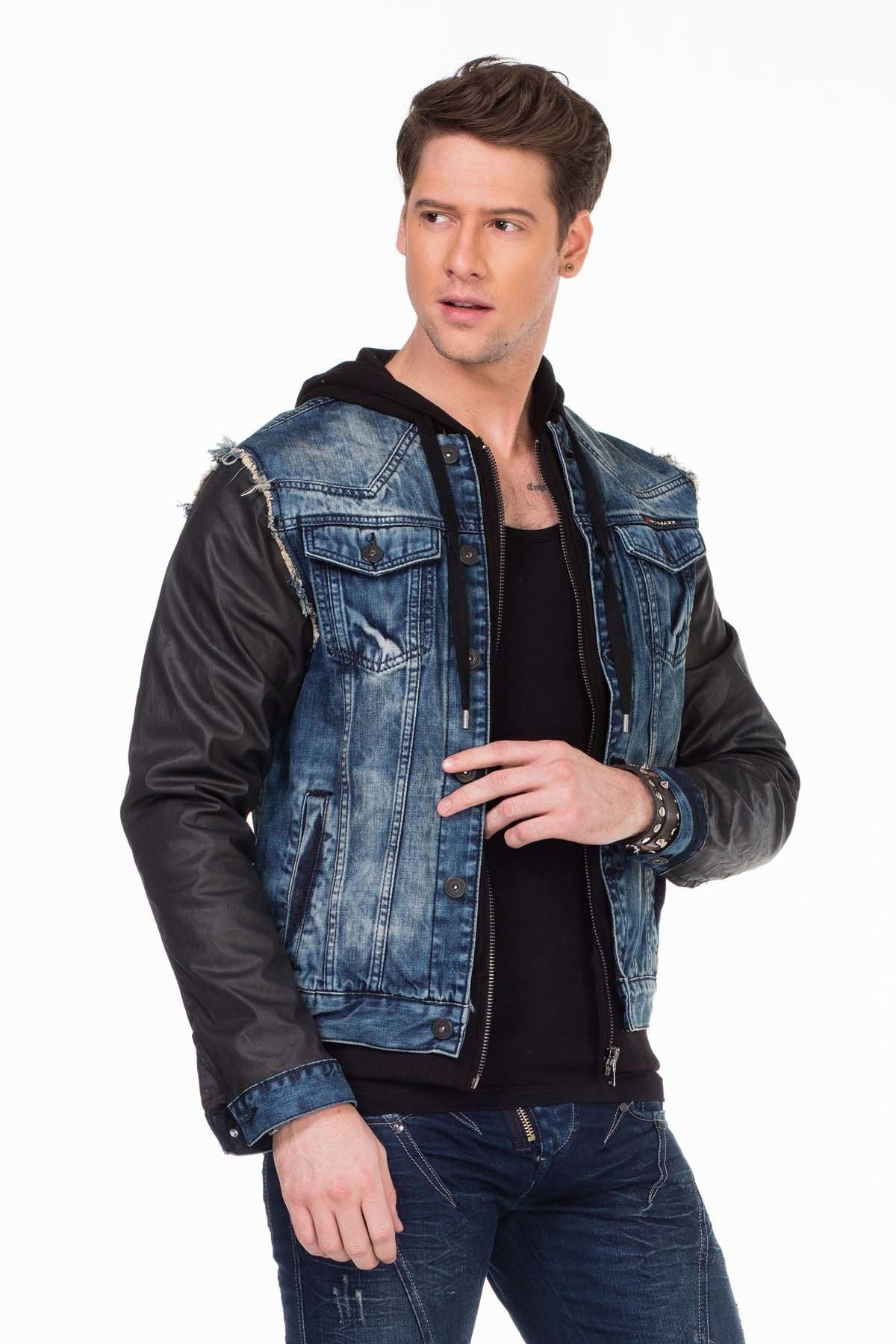 C-1290 Leather Sleeve Hooded Denim Jacket