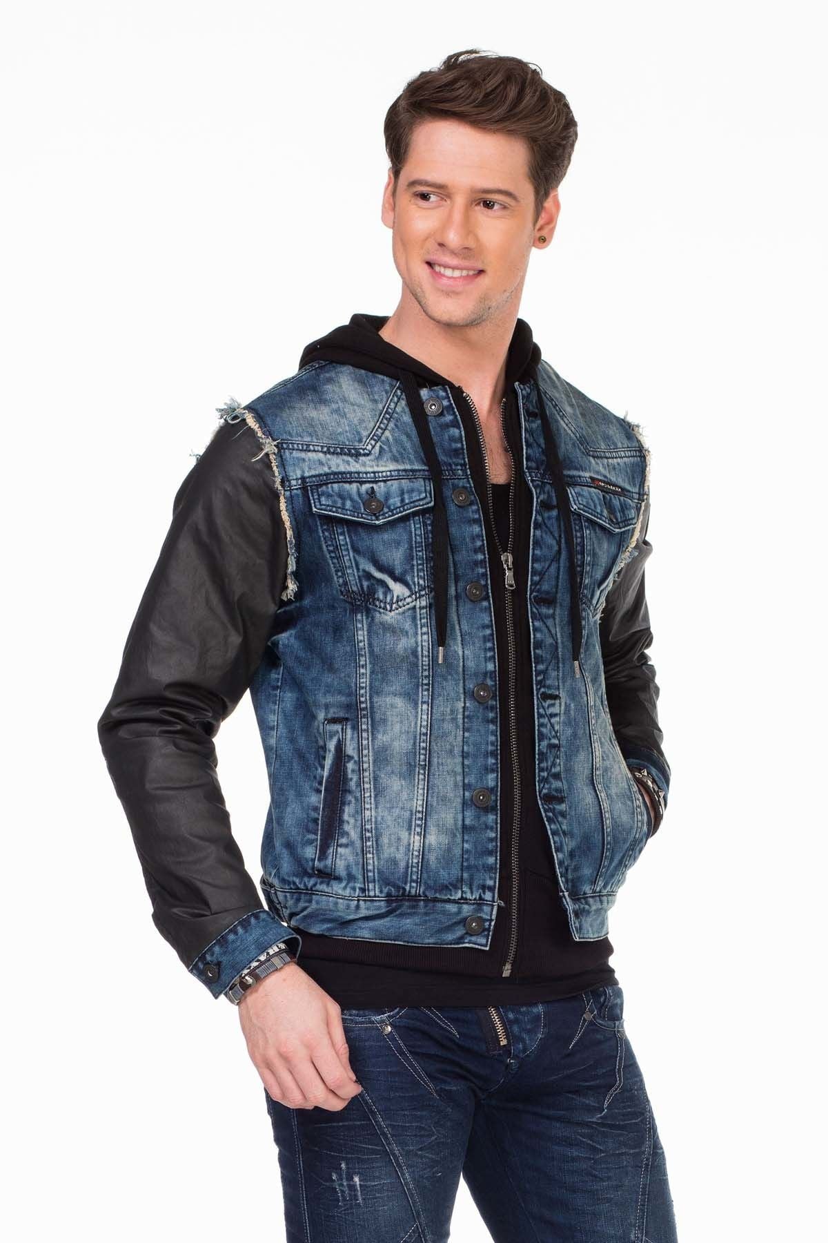 C-1290 Leather Sleeve Hooded Denim Jacket