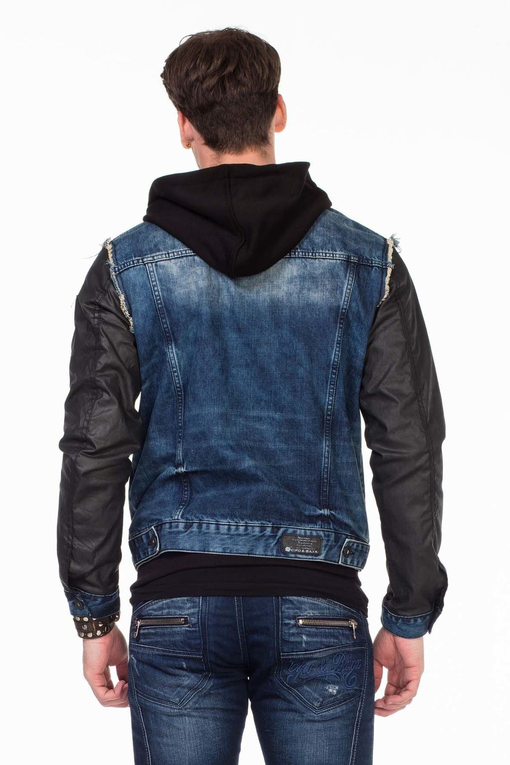 C-1290 Leather Sleeve Hooded Denim Jacket