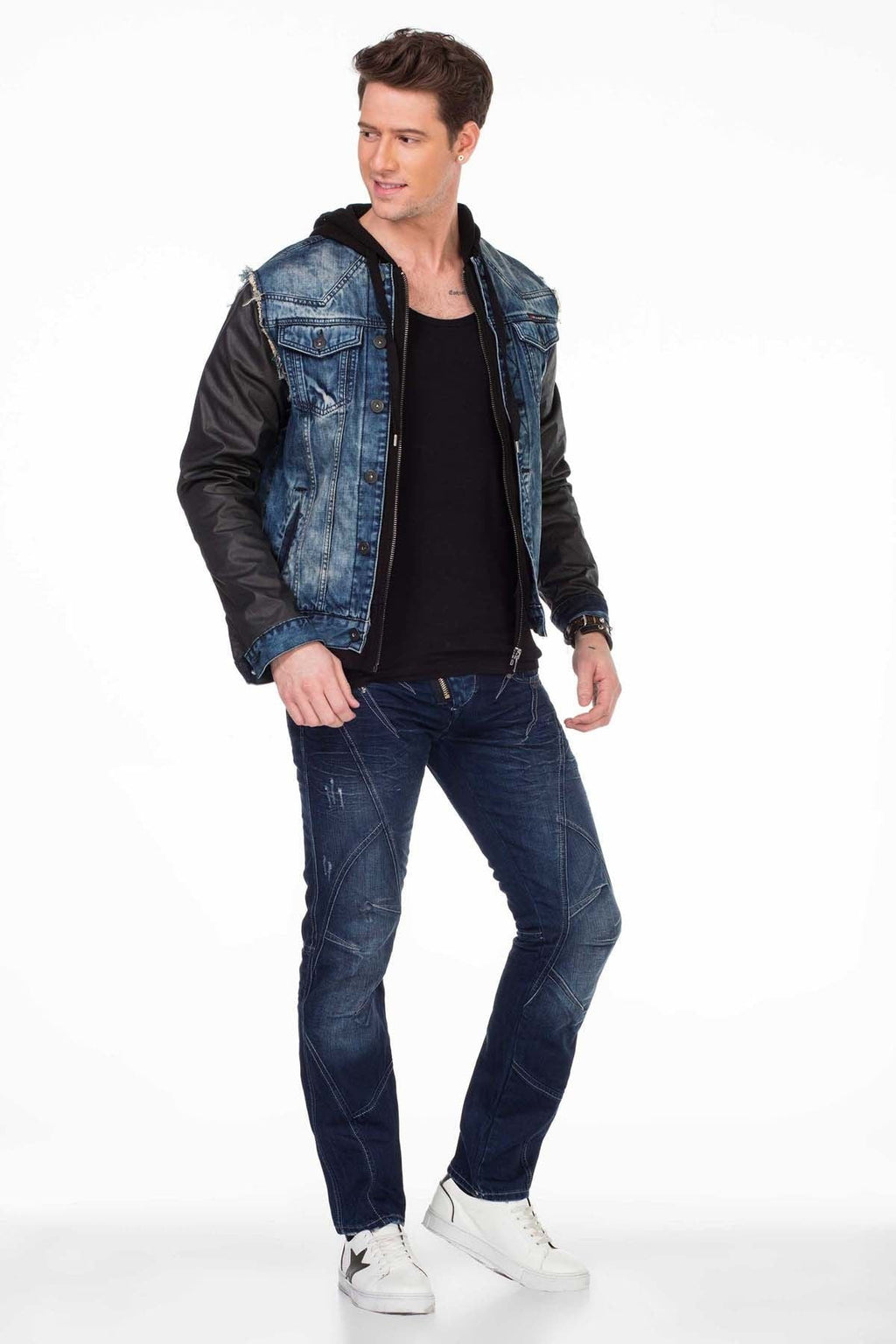 C-1290 Leather Sleeve Hooded Denim Jacket