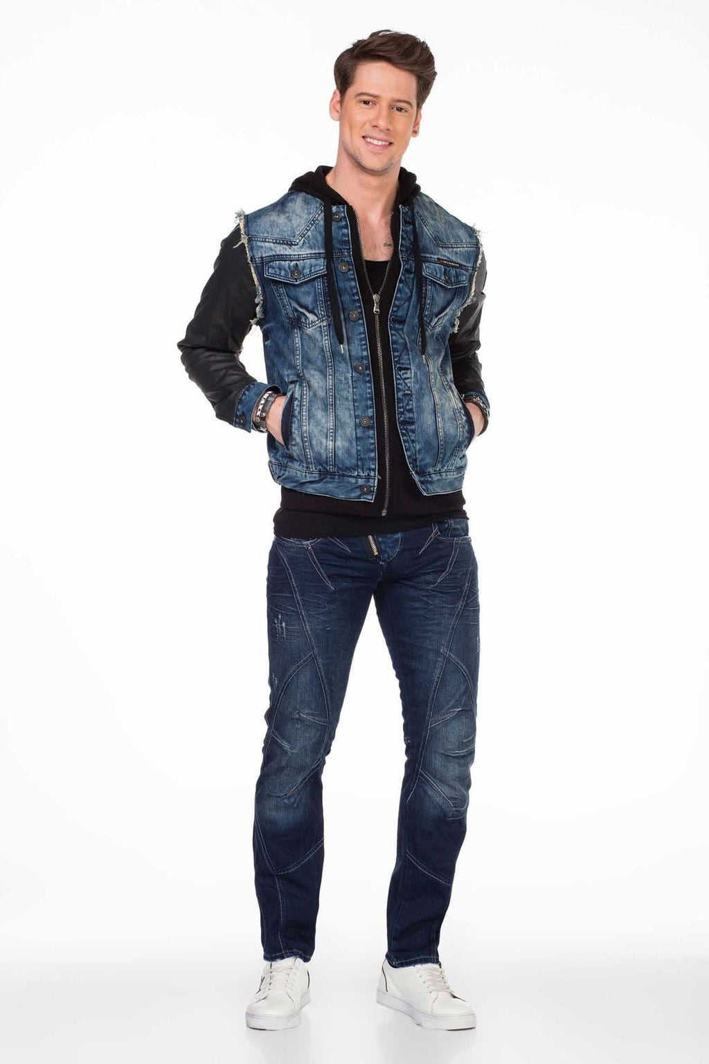 C-1290 Leather Sleeve Hooded Denim Jacket