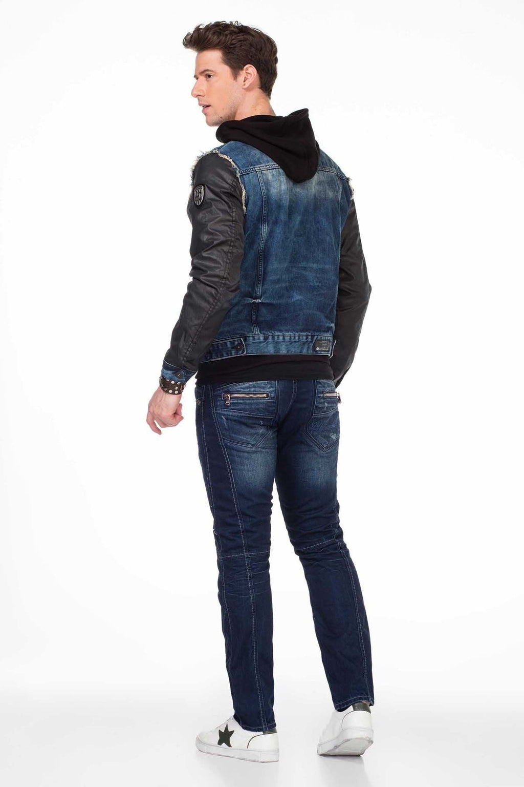 C-1290 Leather Sleeve Hooded Denim Jacket