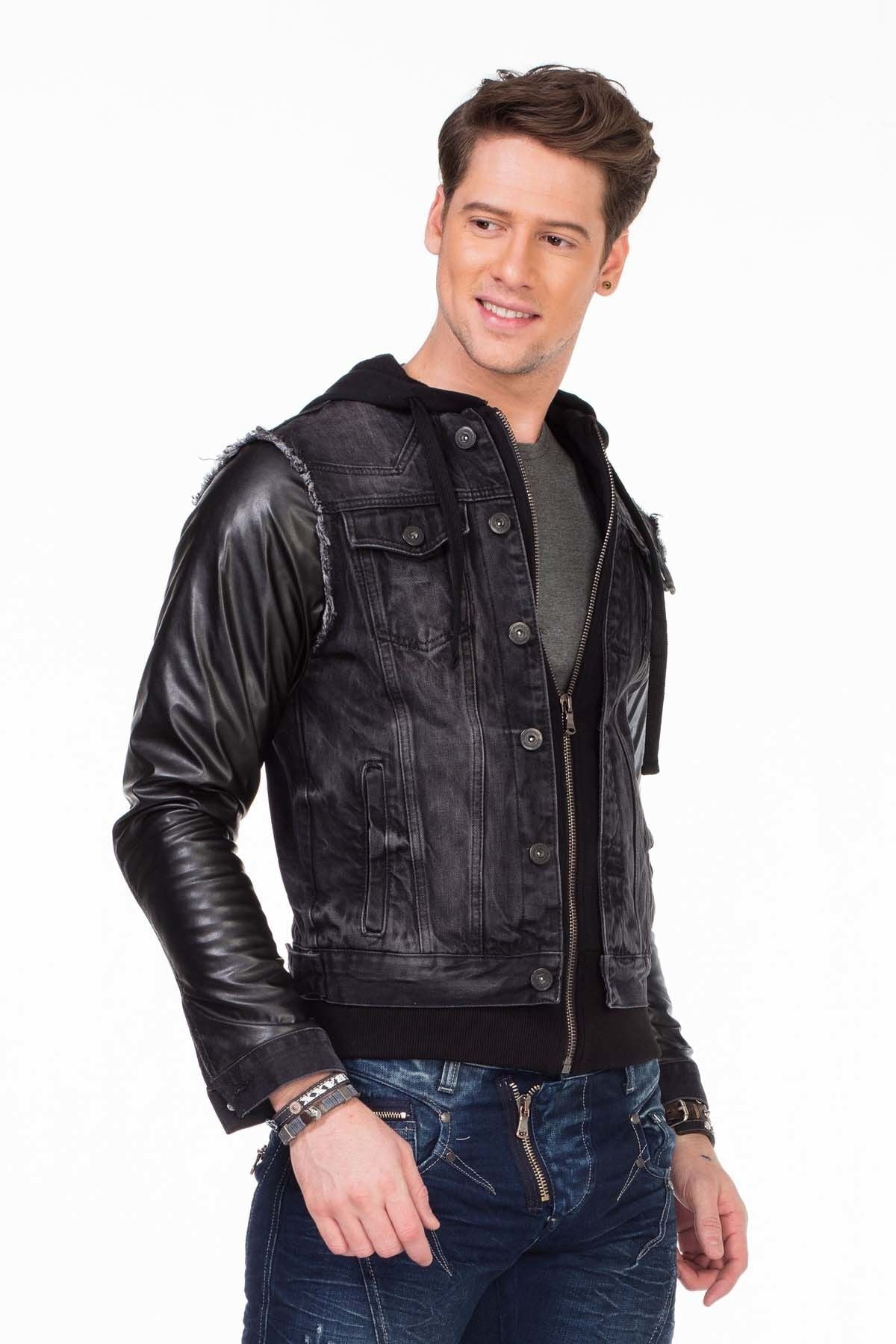 C-1290 Leather Sleeve Hooded Denim Jacket