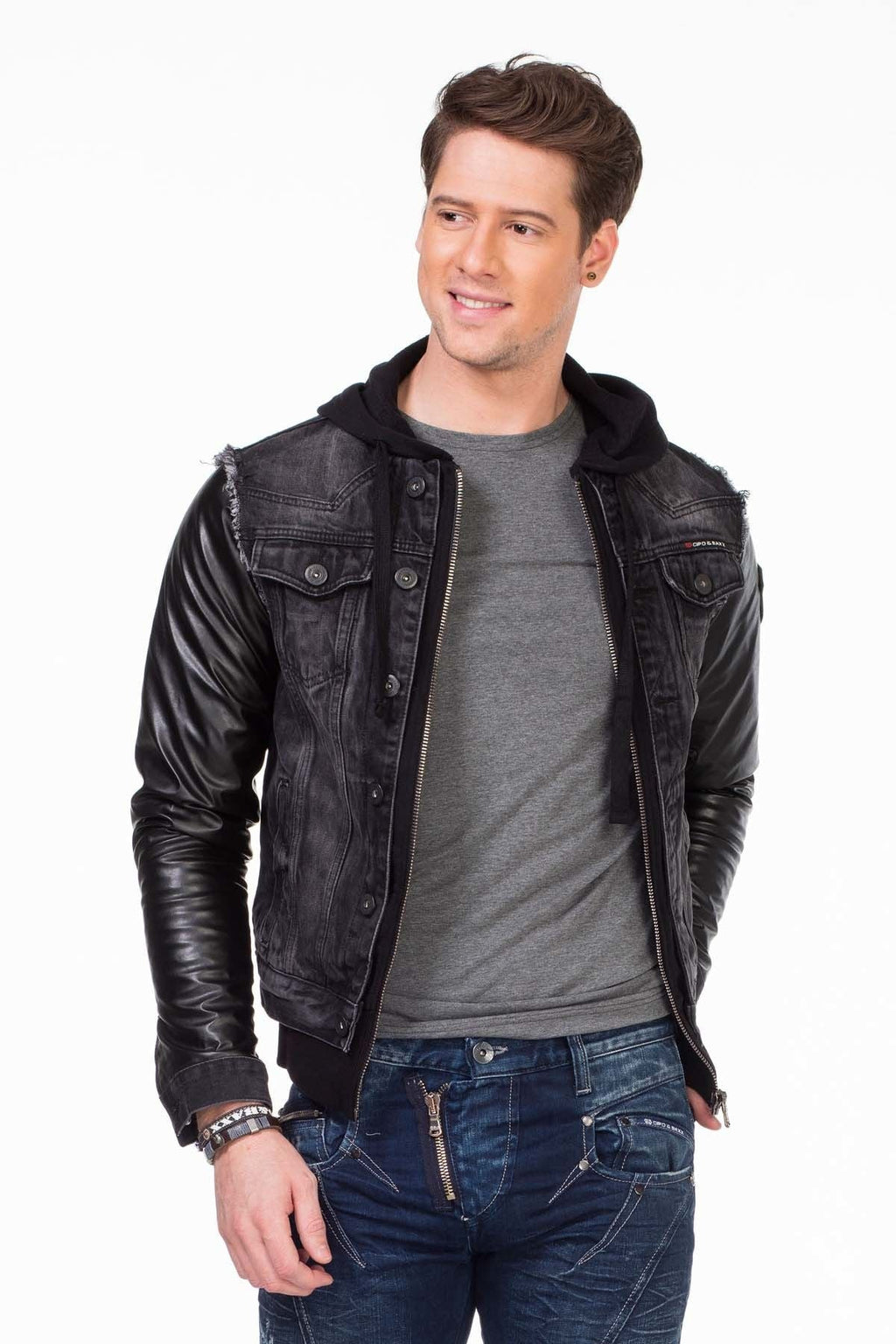 C-1290 Leather Sleeve Hooded Denim Jacket