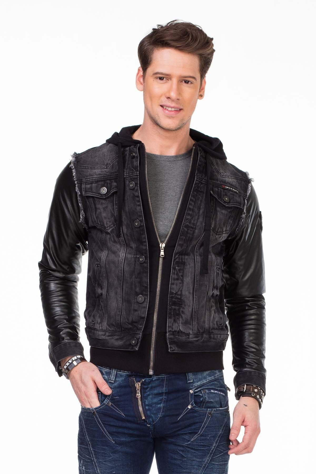C-1290 Leather Sleeve Hooded Denim Jacket