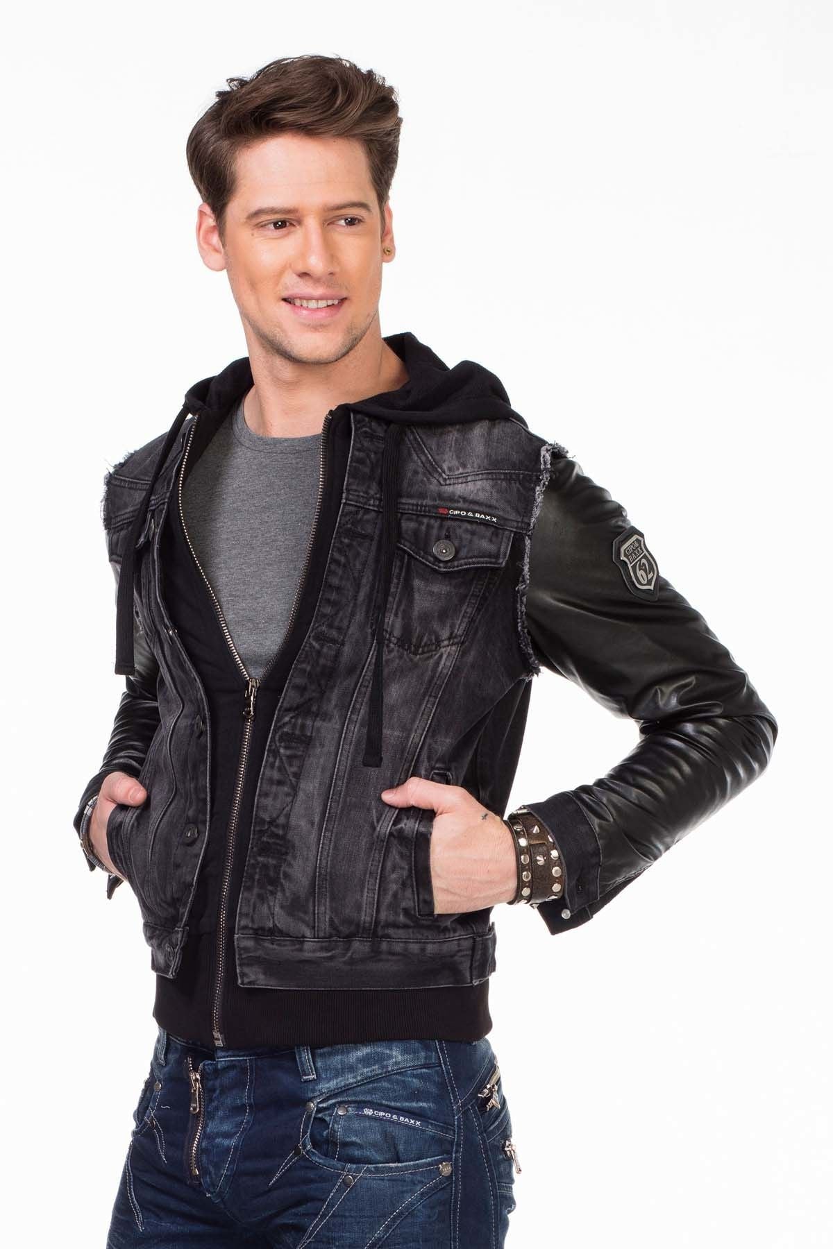 C-1290 Leather Sleeve Hooded Denim Jacket