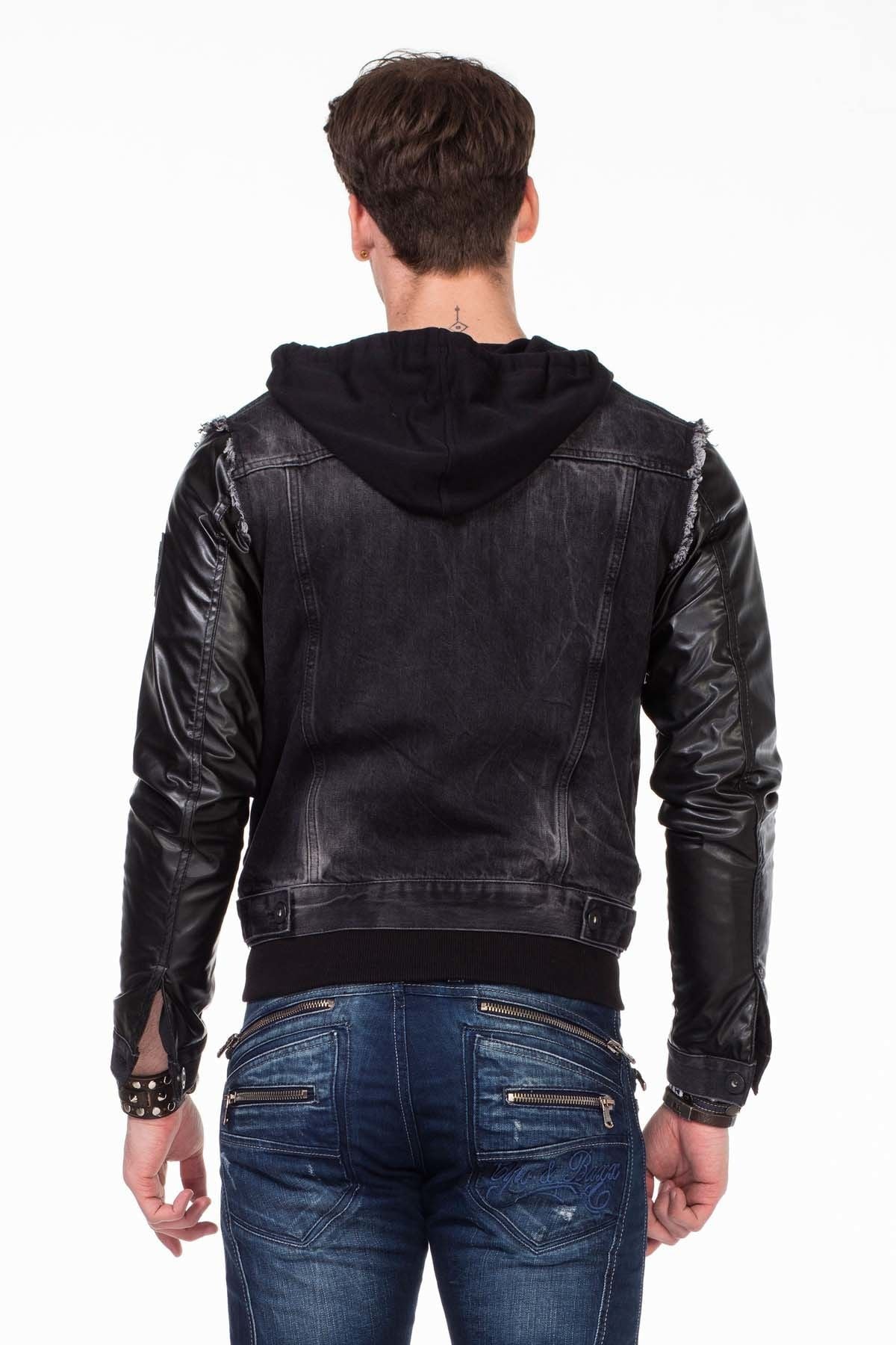 C-1290 Leather Sleeve Hooded Denim Jacket